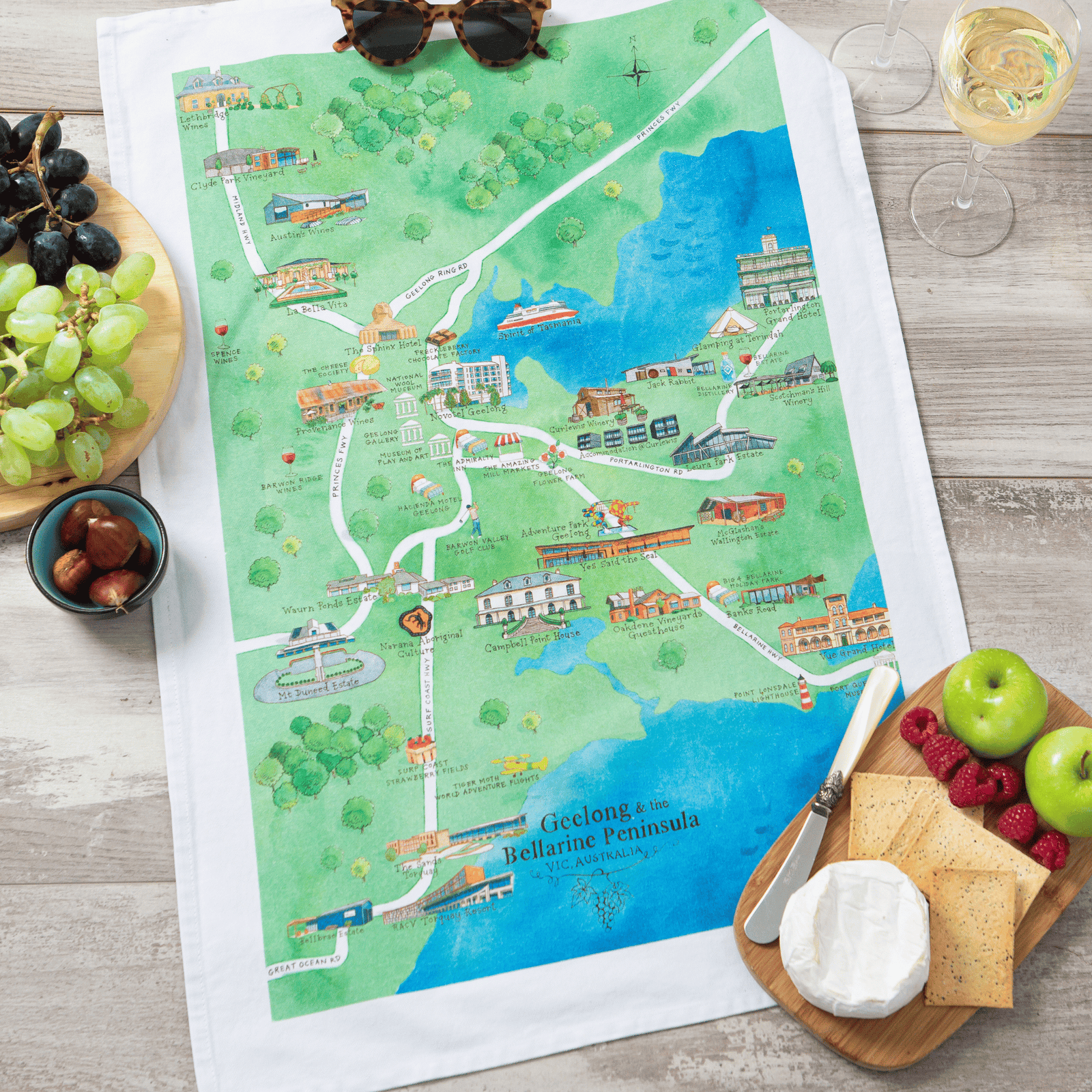Geelong & the Bellarine Peninsula wineries tea towel styled 2000x2000