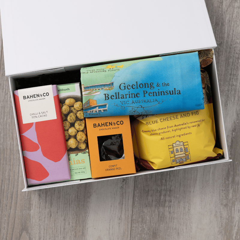 Gourmet popcorn, artisanal chocolate, hand-roasted macadamias, plus a watercolour-illustrated map cotton tea towel of Geelong & the Bellarine Peninsula and matching greeting card in a gift hamper with free delivery