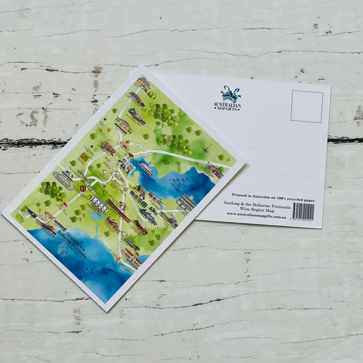 Geelong &amp; the Bellarine Peninsula 2.0 VIC wine region map postcard A6-size, printed in Australia on 100% recycled paper