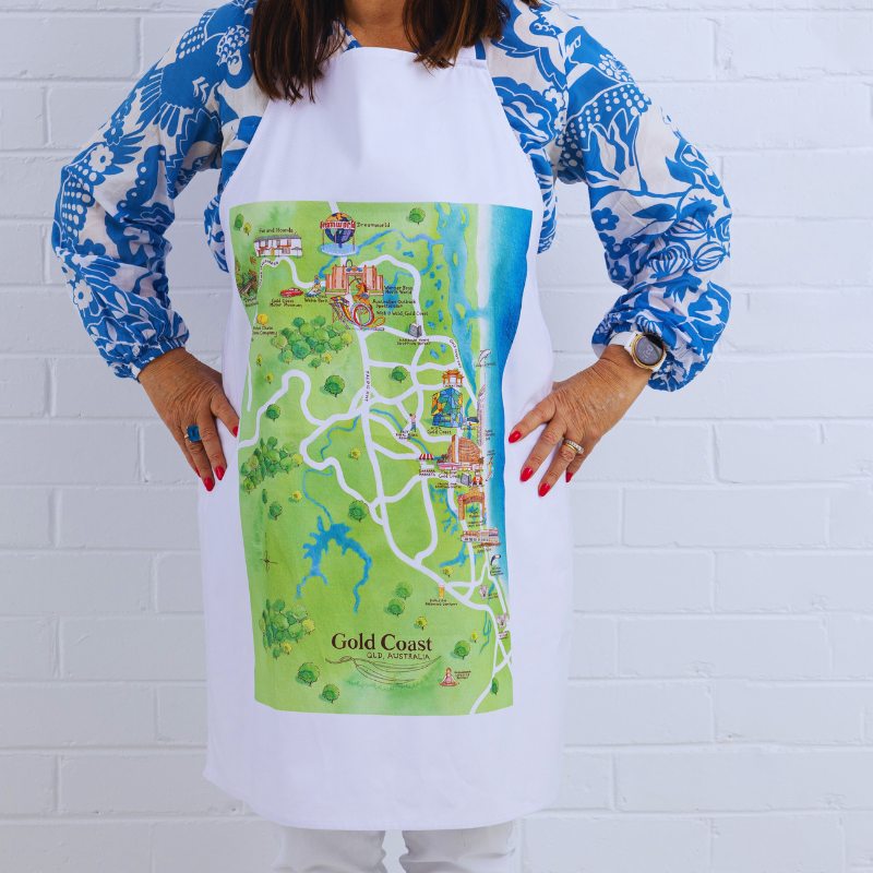 Gold Coast tourist attractions map bar apron on model