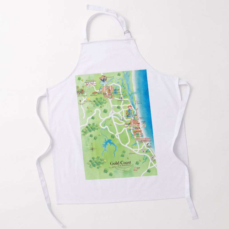 Gold Coast tourist attractions map bar apron flat lay