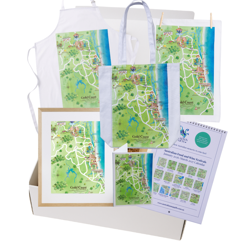 Gold Coast DIY gift box with apron, tea towel, A4 print, greeting card, tote bag and Australian Food & Wine Festivals Calendar