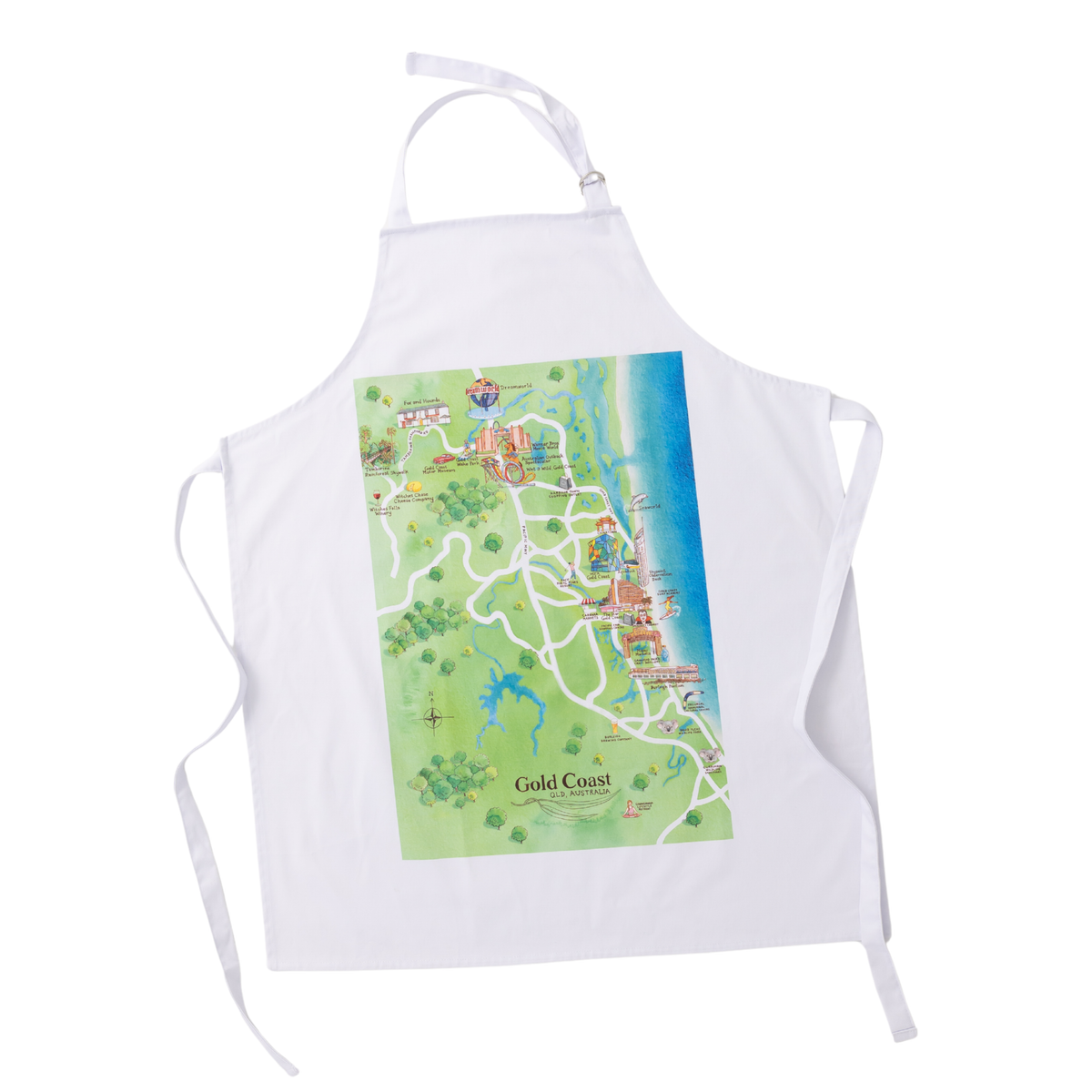 Gold Coast tourist attractions map apron flat lay