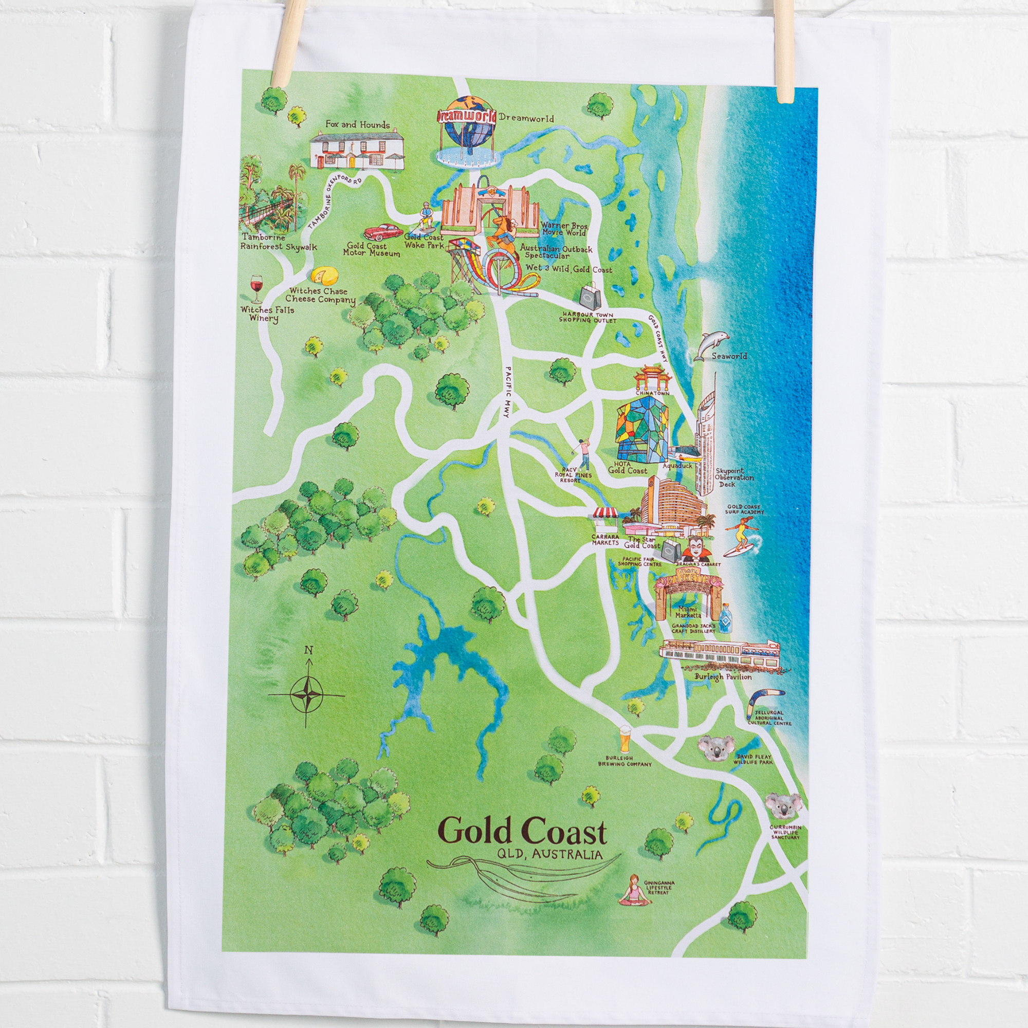 Gold Coast Tea Towel Tourist Attractions Map