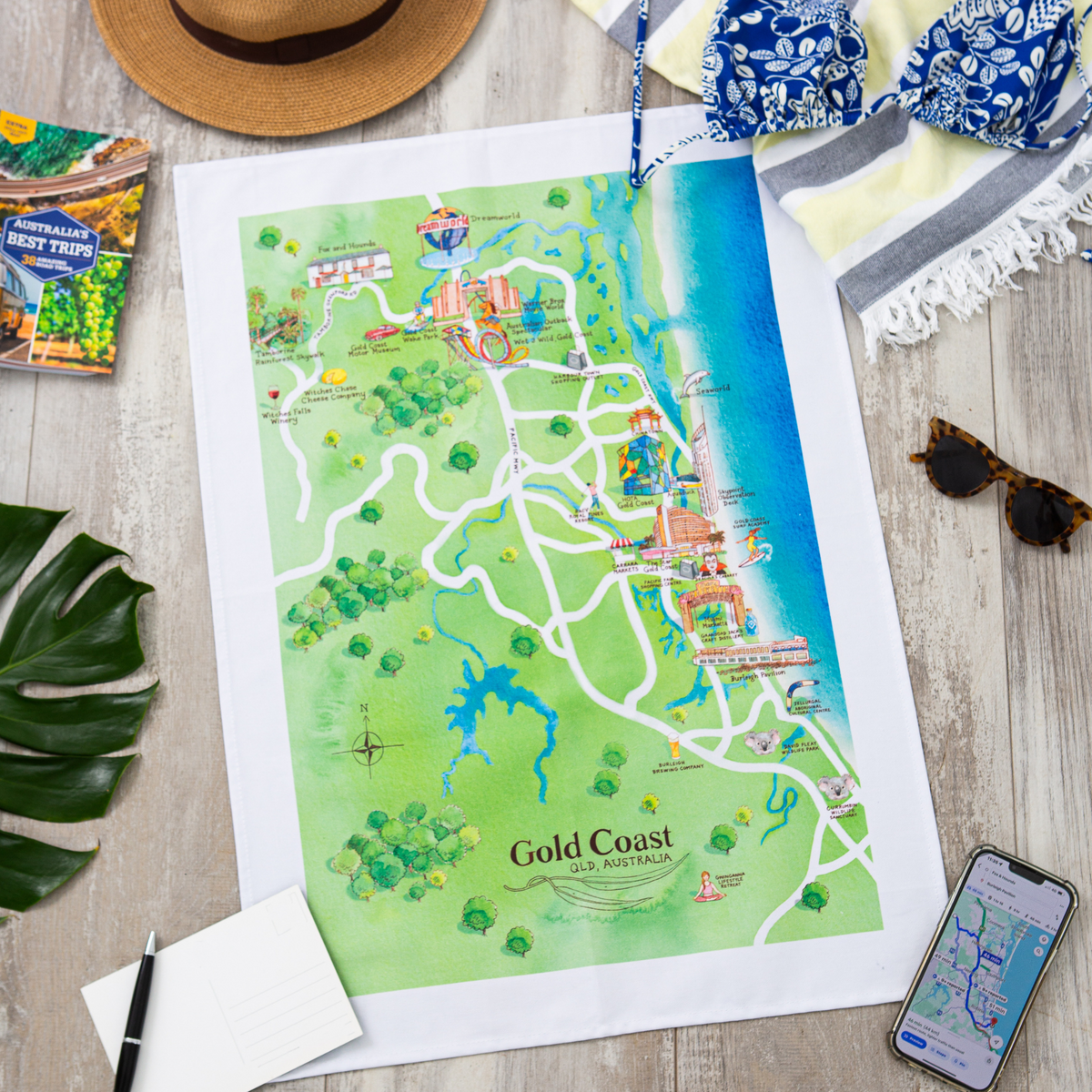 Gold Coast Tea Towel Tourist Attractions Map