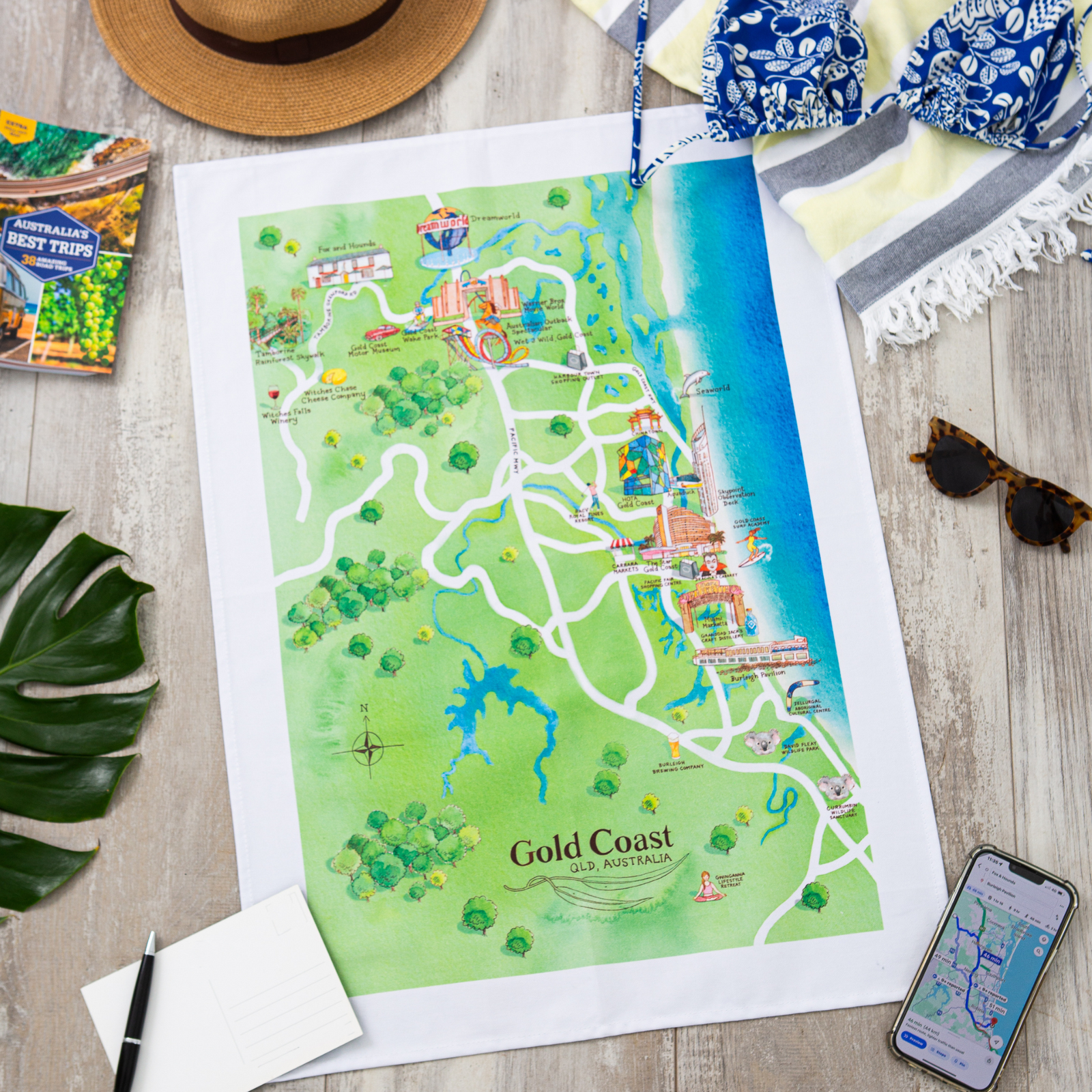 Gold Coast Tea Towel Tourist Attractions Map