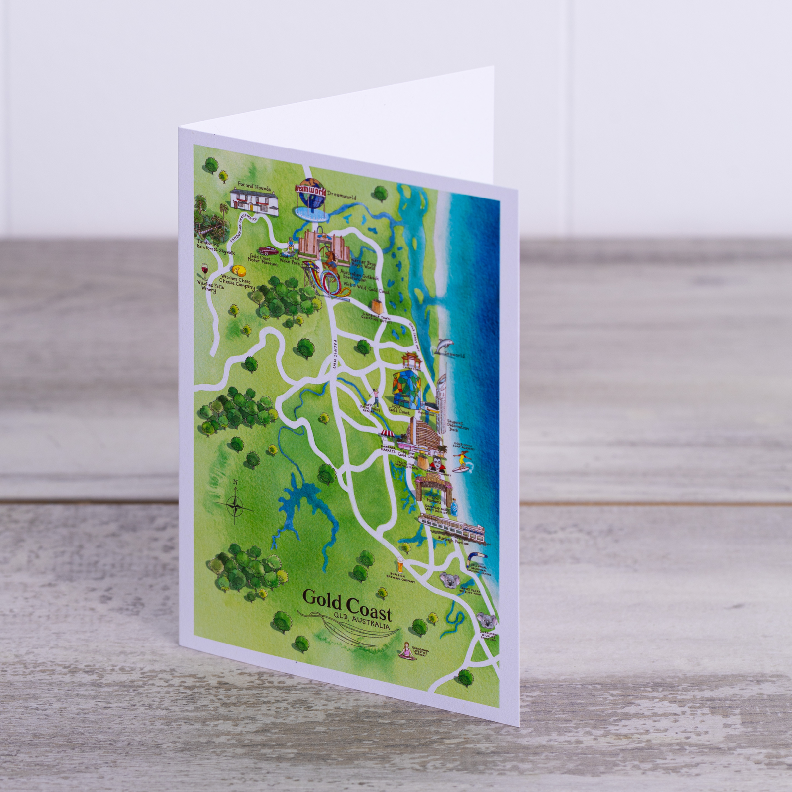 Gold Coast tourist attractions map greeting card cover