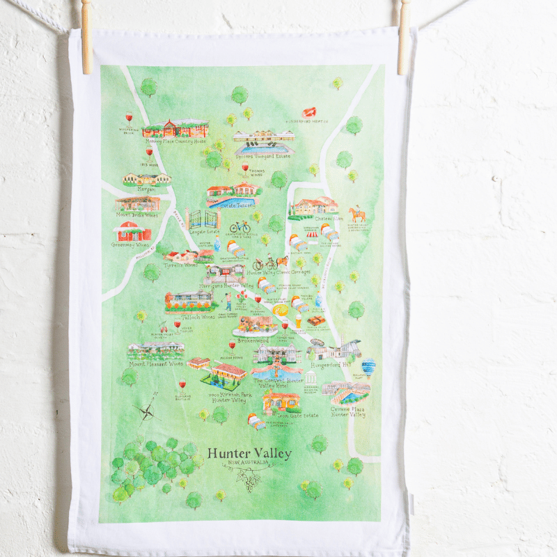 Hunter Valley wine region tea towel hanging on wall