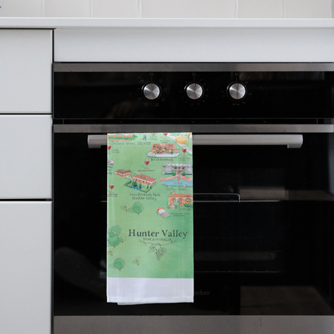 Palatable Tea Towels Hunter Valley wine region tea towel over oven door