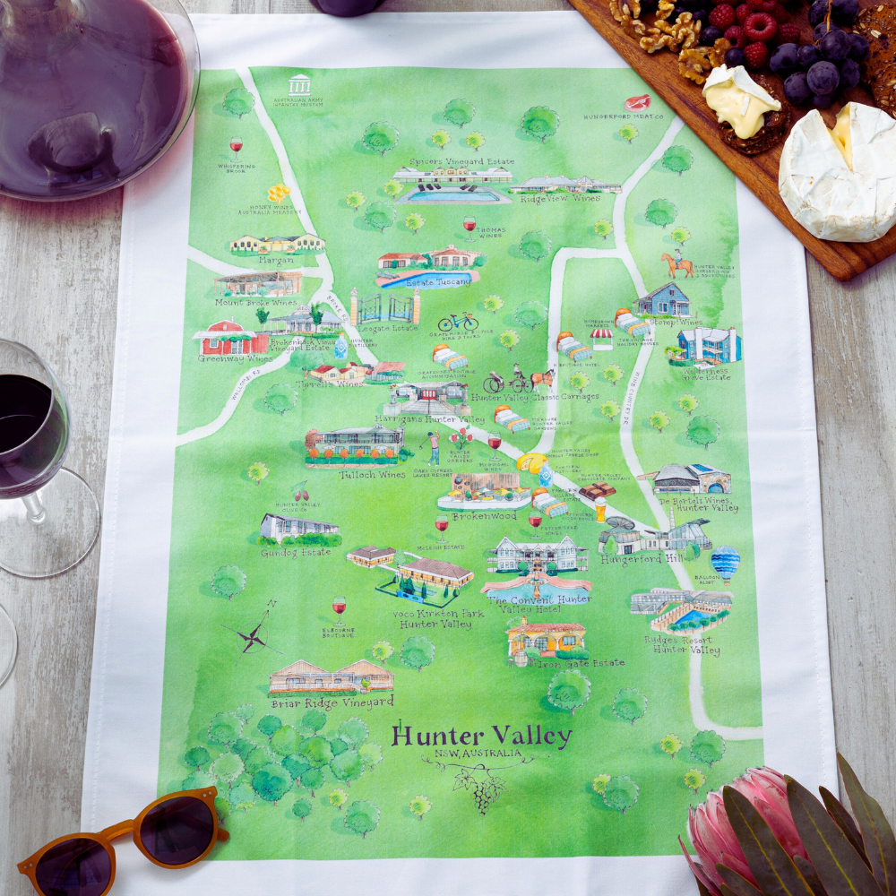 Australian Map Gifts cotton Hunter Valley  wine region map 3.0  tea towel styled