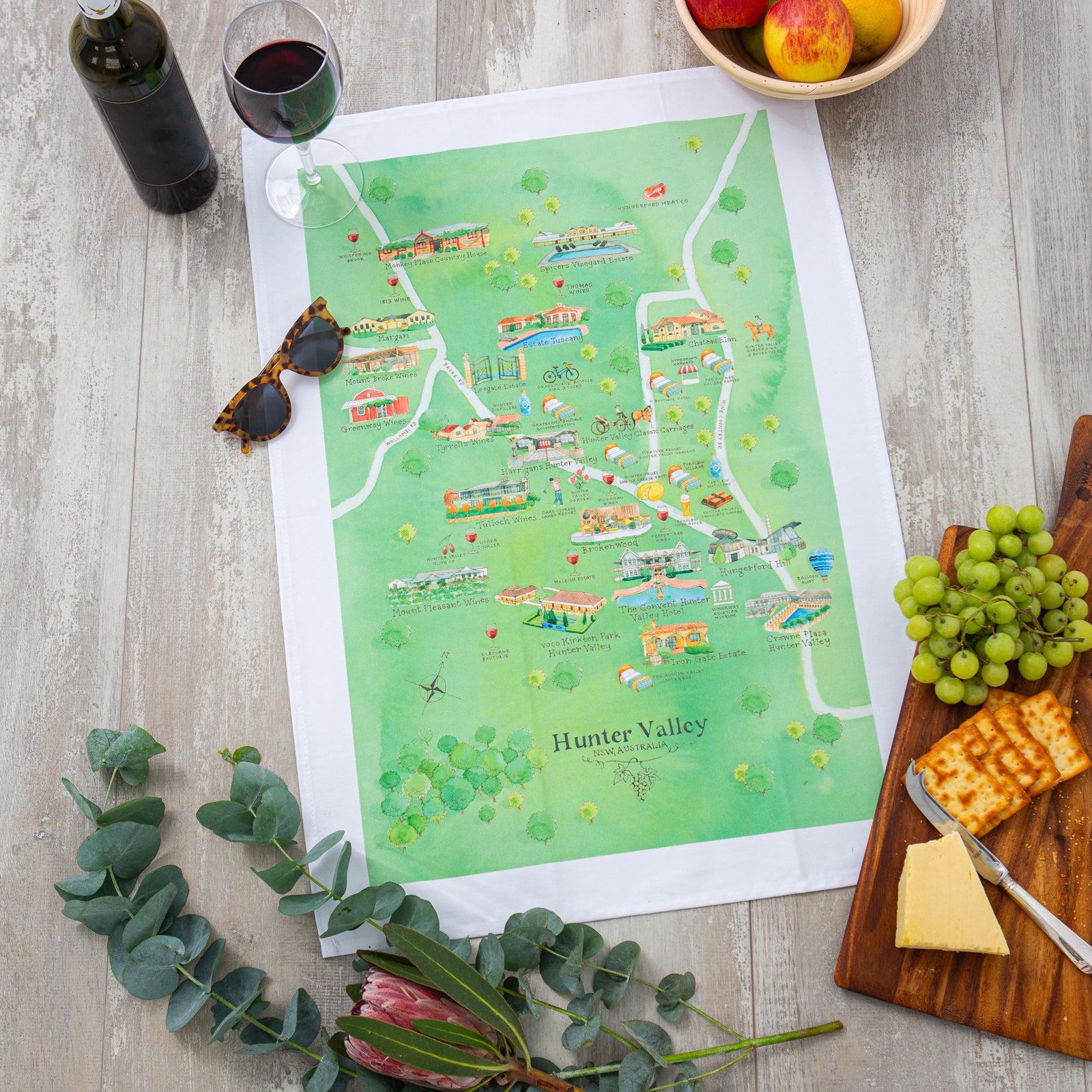 Hunter Valley wine region map tea towel styled