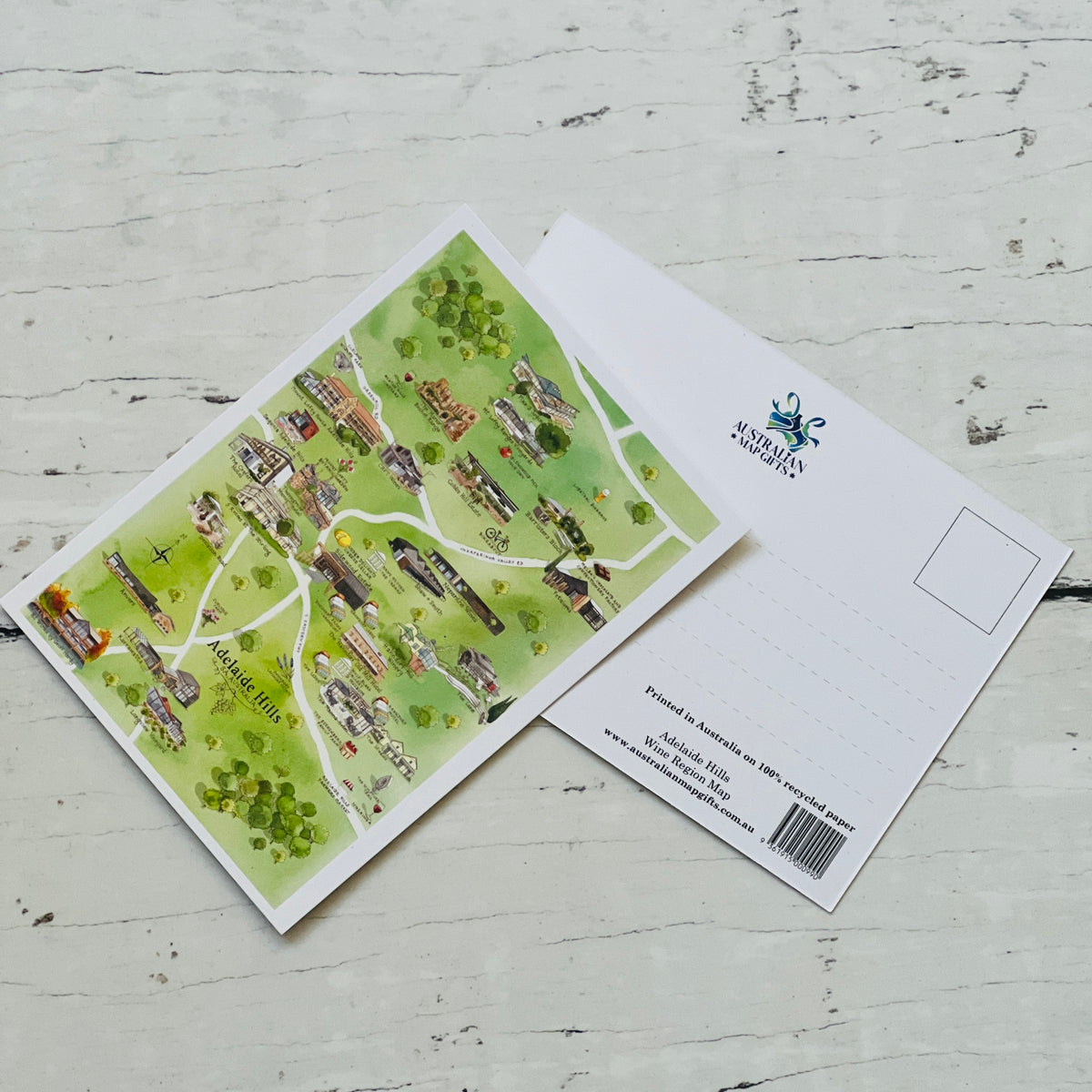Adelaide Hills SA wine region map postcard A6-size, printed in Australia on 100% recycled paper