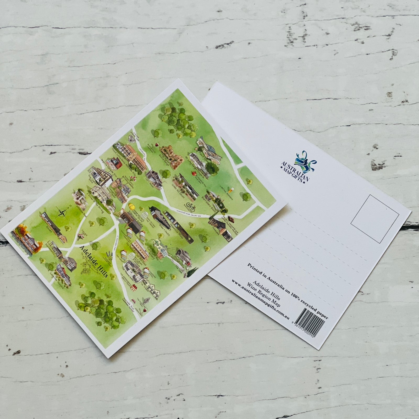 Adelaide Hills SA wine region map postcard A6-size, printed in Australia on 100% recycled paper
