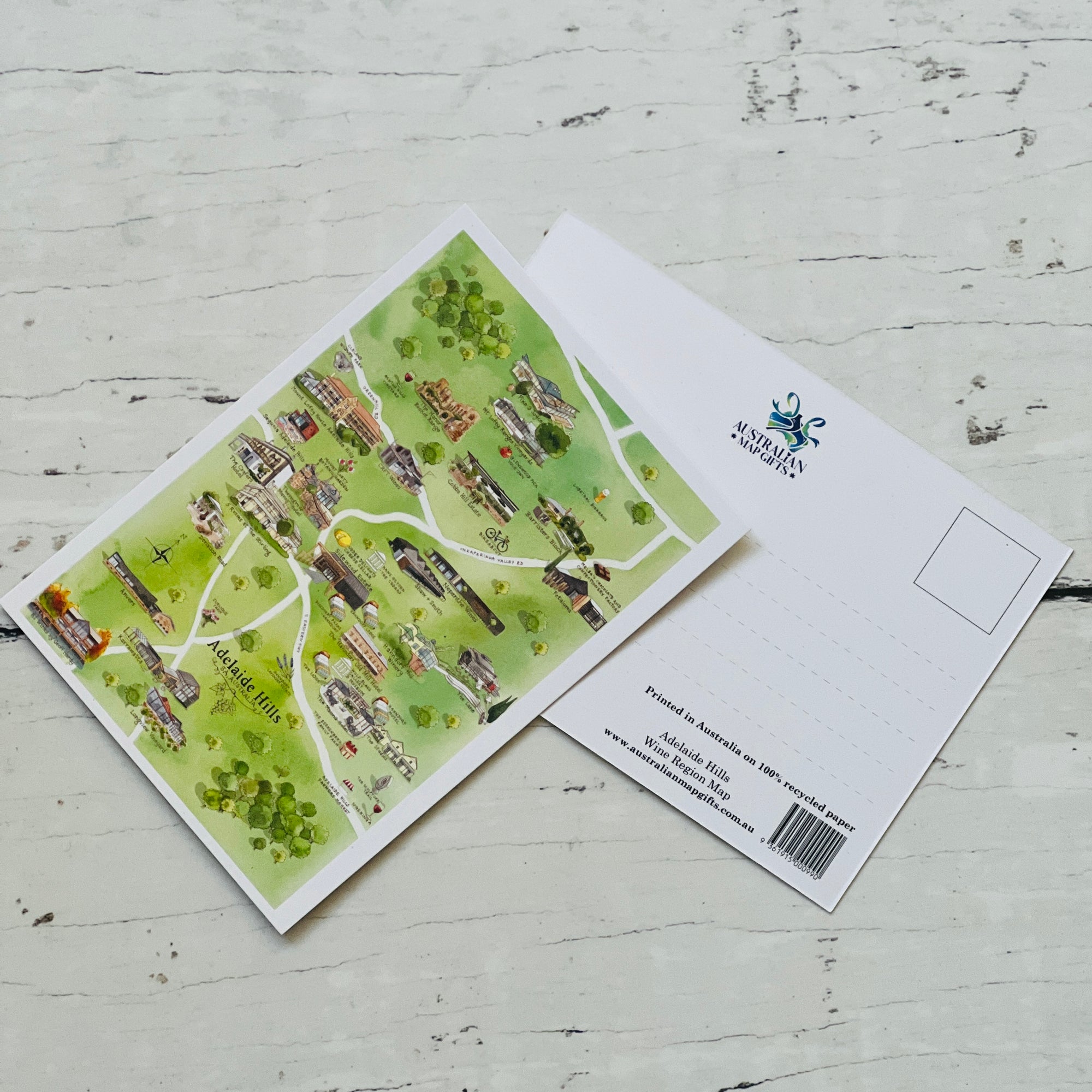 Adelaide Hills SA wine region map postcard A6-size, printed in Australia on 100% recycled paper