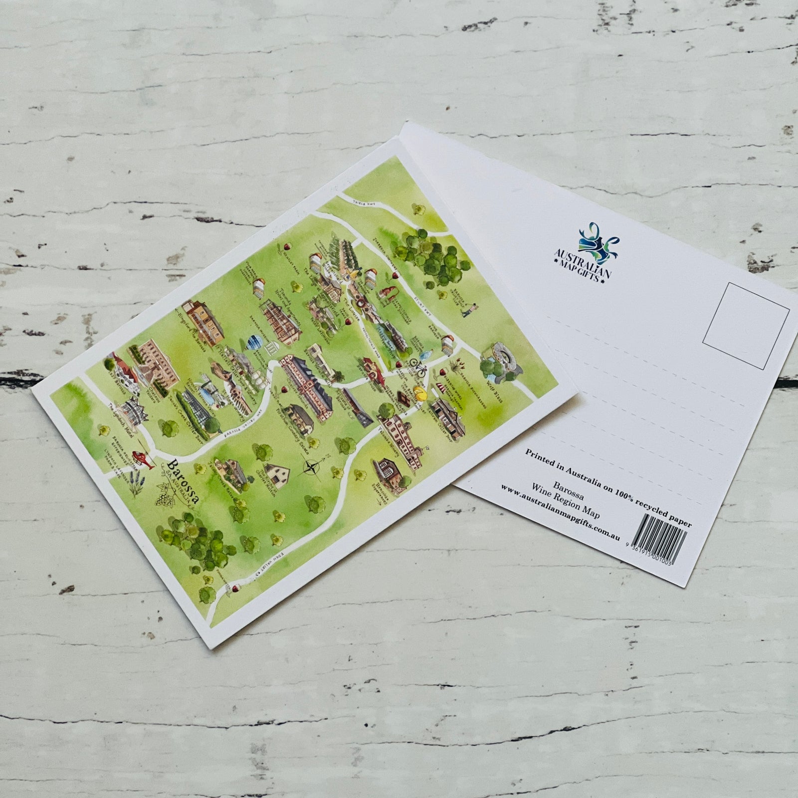 Barossa SA wine region map postcard A6-size, printed in Australia on 100% recycled paper
