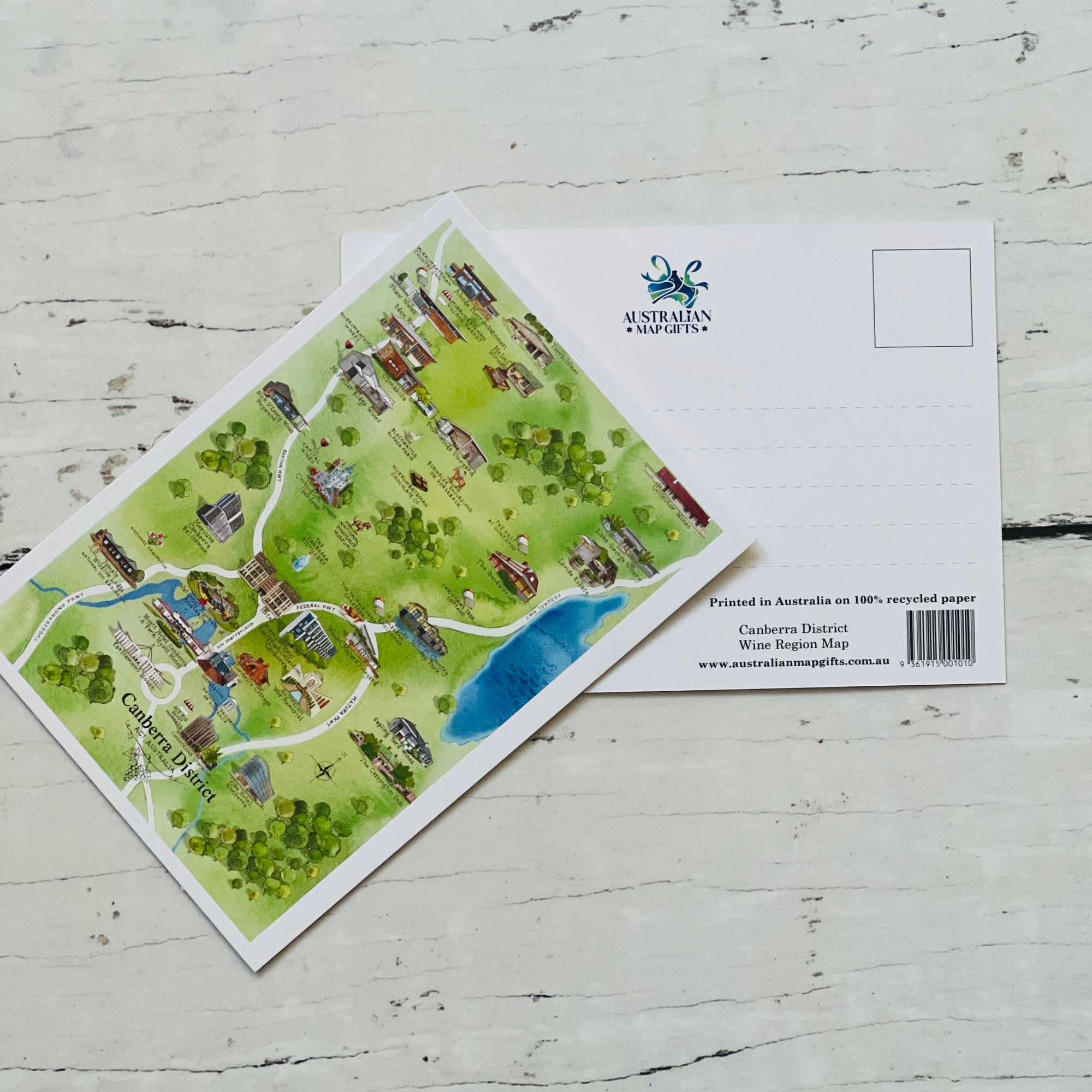 Canberra District ACT wine region map postcard A6-size, printed in Australia on 100% recycled paper