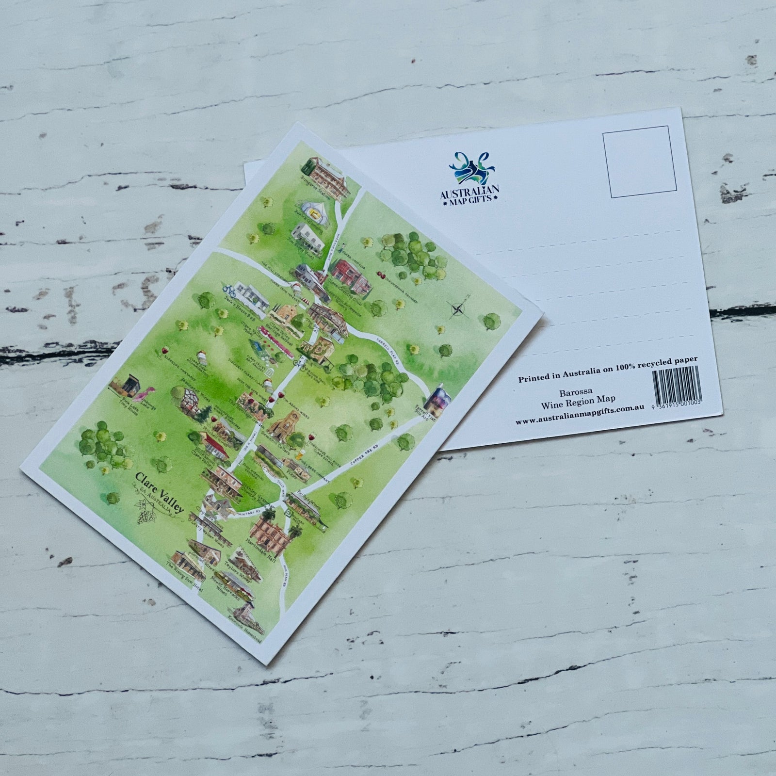 Clare Valley SA wine region map postcard A6-size, printed in Australia on 100% recycled paper