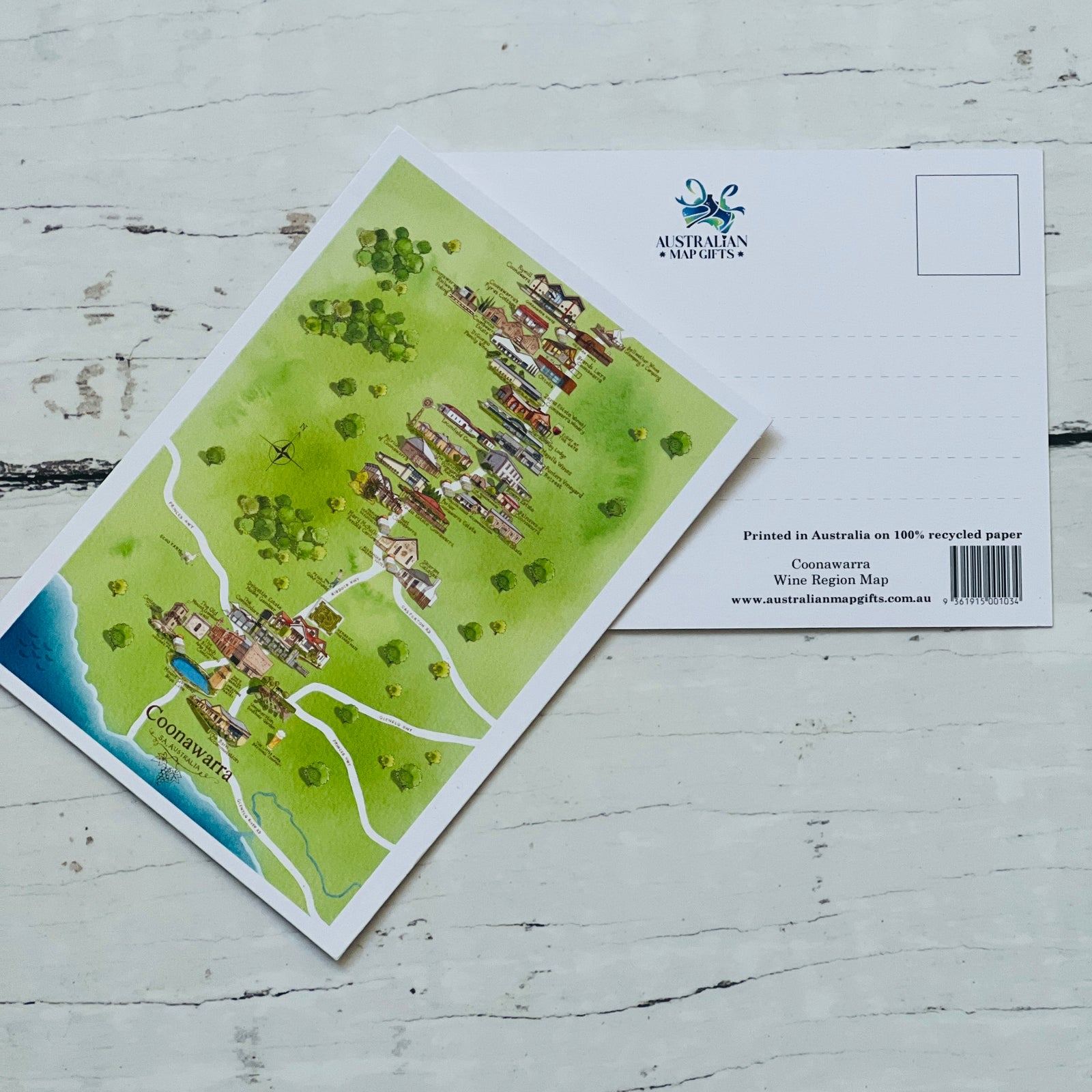 Coonawarra SA wine region map postcard A6-size, printed in Australia on 100% recycled paper
