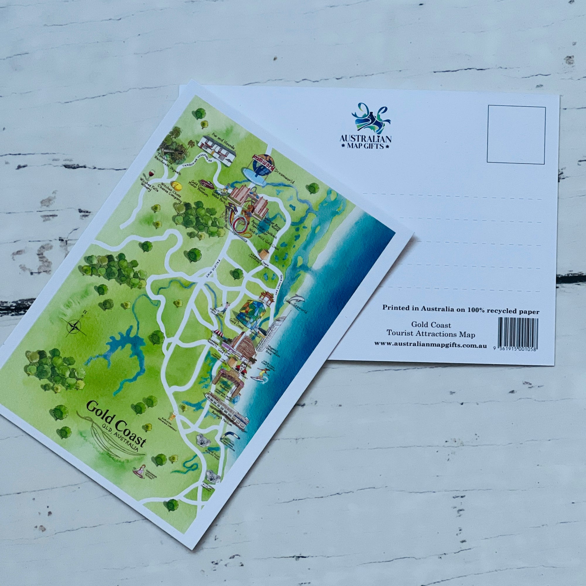 Gold Coast QLD tourist attractions map postcard A6-size, printed in Australia on 100% recycled paper