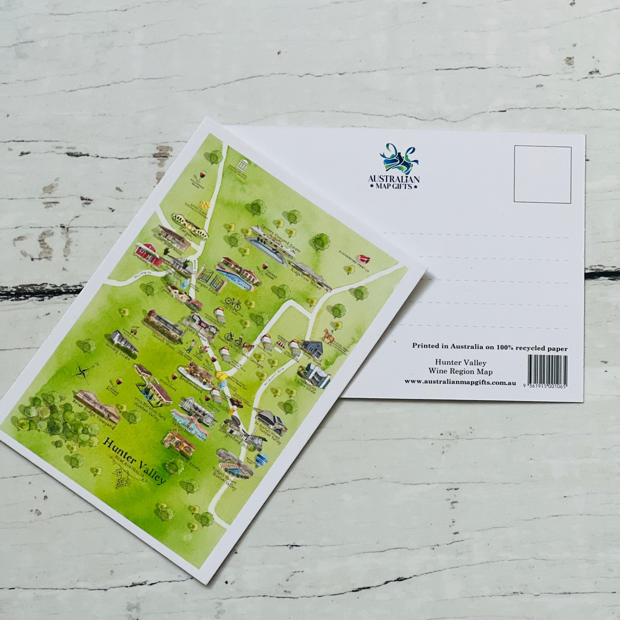 Hunter Valley 3.0 NSW wine region map postcard A6-size, printed in Australia on 100% recycled paper