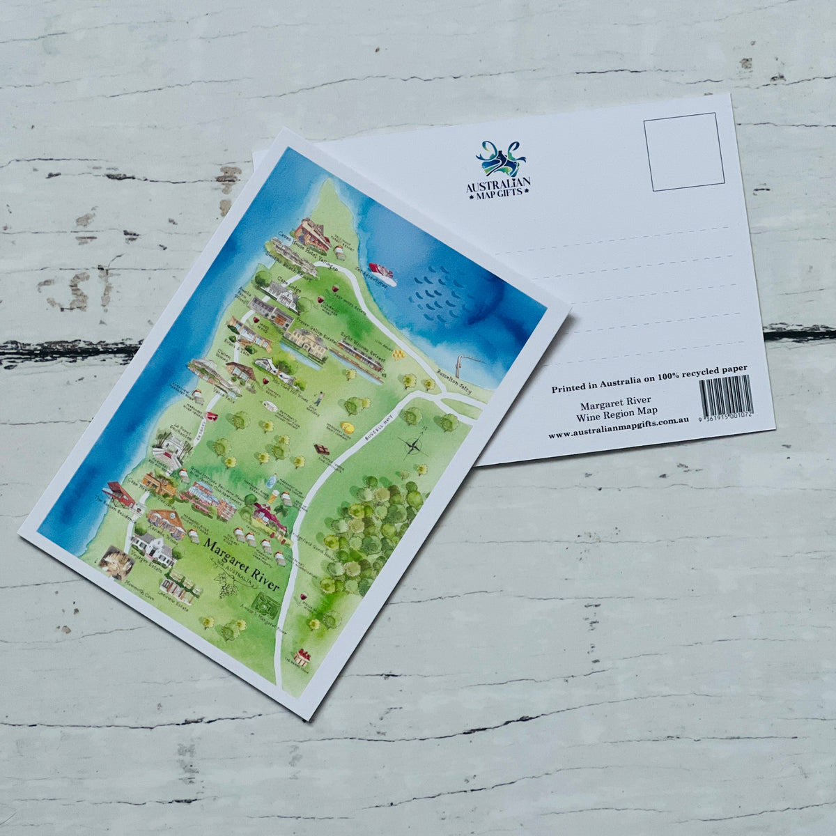 Margaret River WA wine region map postcard A6-size, printed in Australia on 100% recycled paper