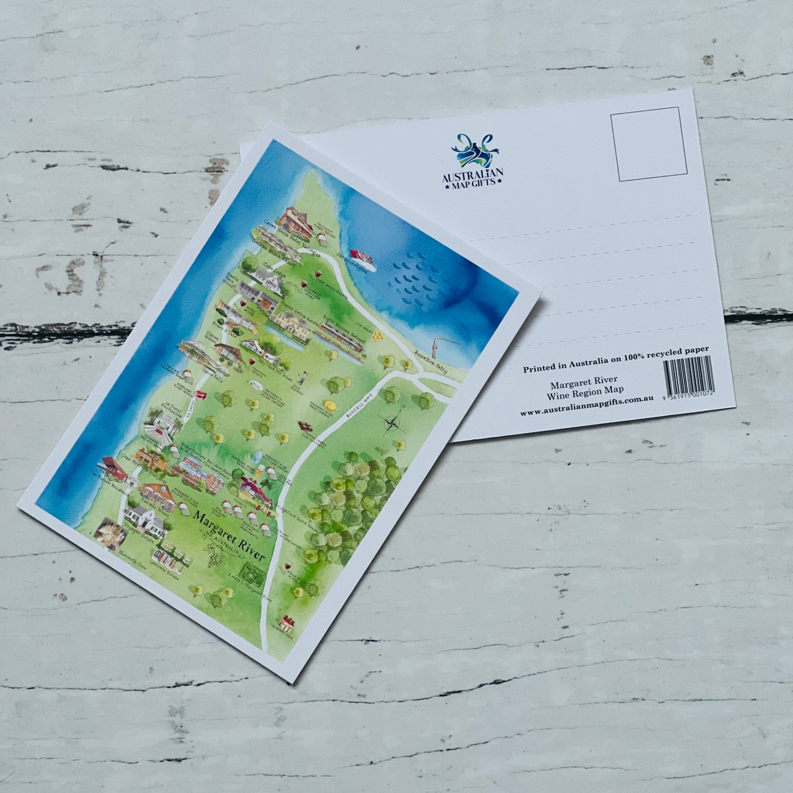 Margaret River WA wine region map postcard A6-size, printed in Australia on 100% recycled paper