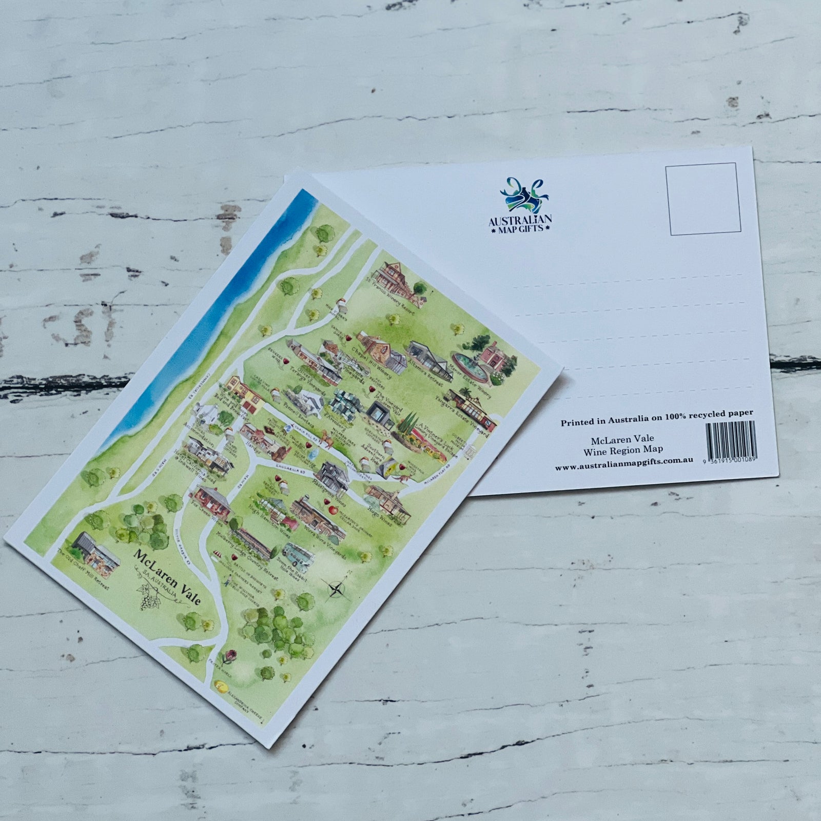 McLaren Vale SA wine region map postcard A6-size, printed in Australia on 100% recycled paper