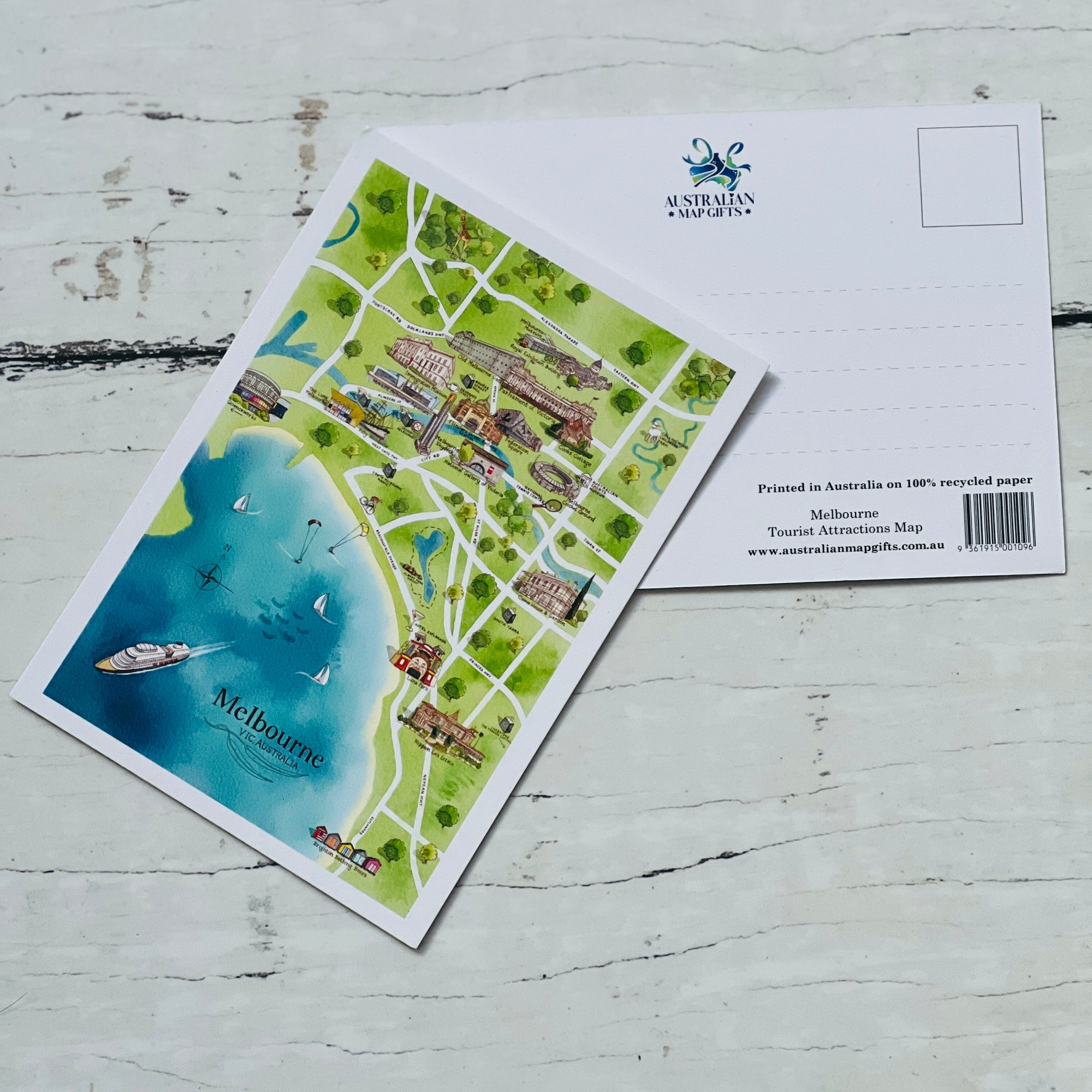Melbourne VIC tourist attractions map postcard A6-size, printed in Australia on 100% recycled paper