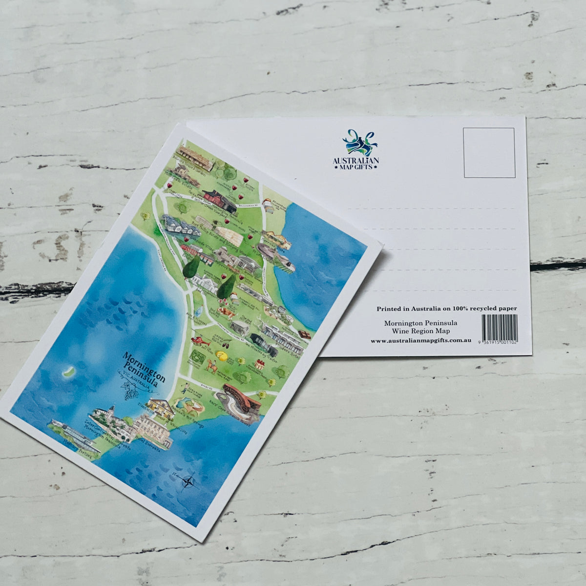 Mornington Peninsula VIC wine region map postcard A6-size, printed in Australia on 100% recycled paper