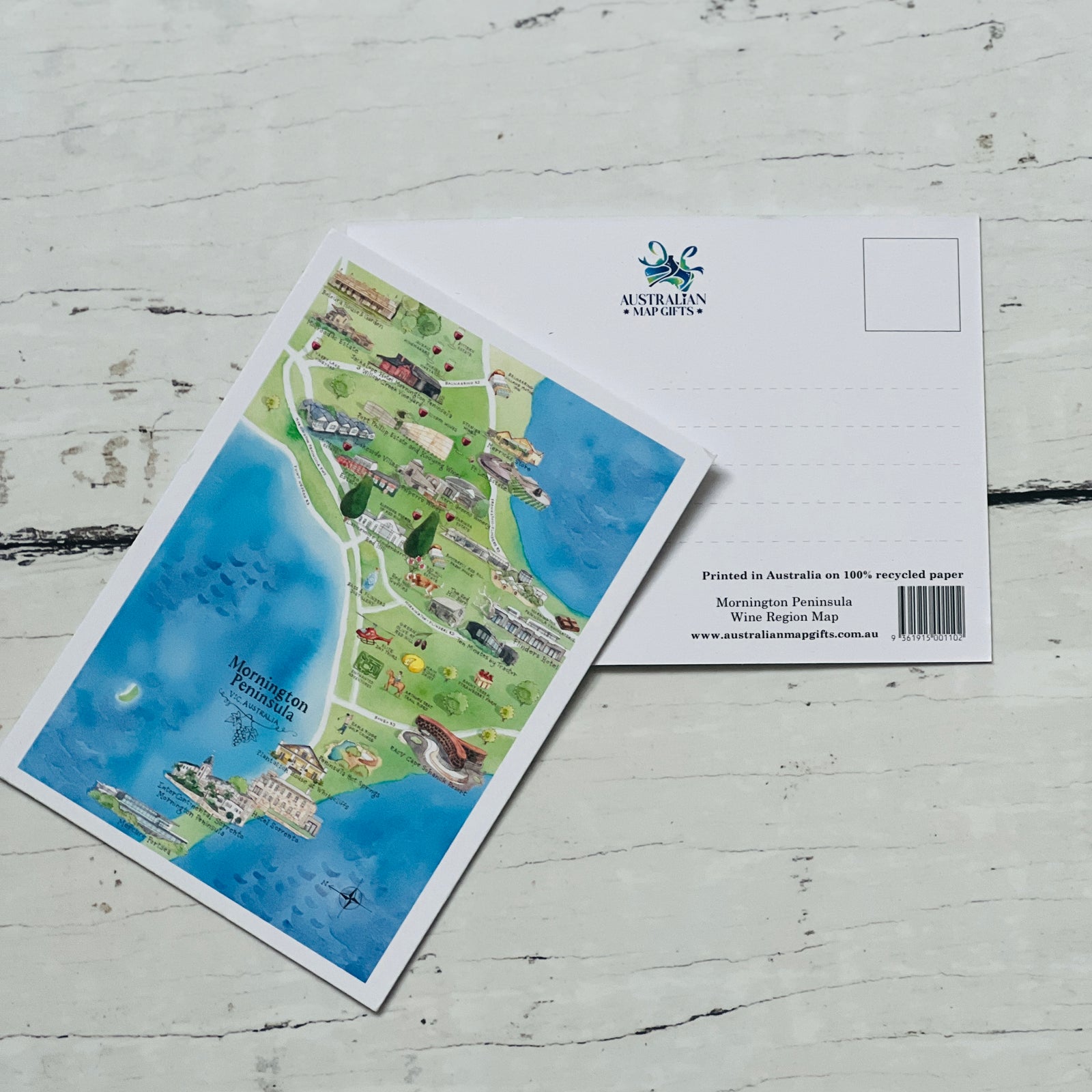 Mornington Peninsula VIC wine region map postcard A6-size, printed in Australia on 100% recycled paper