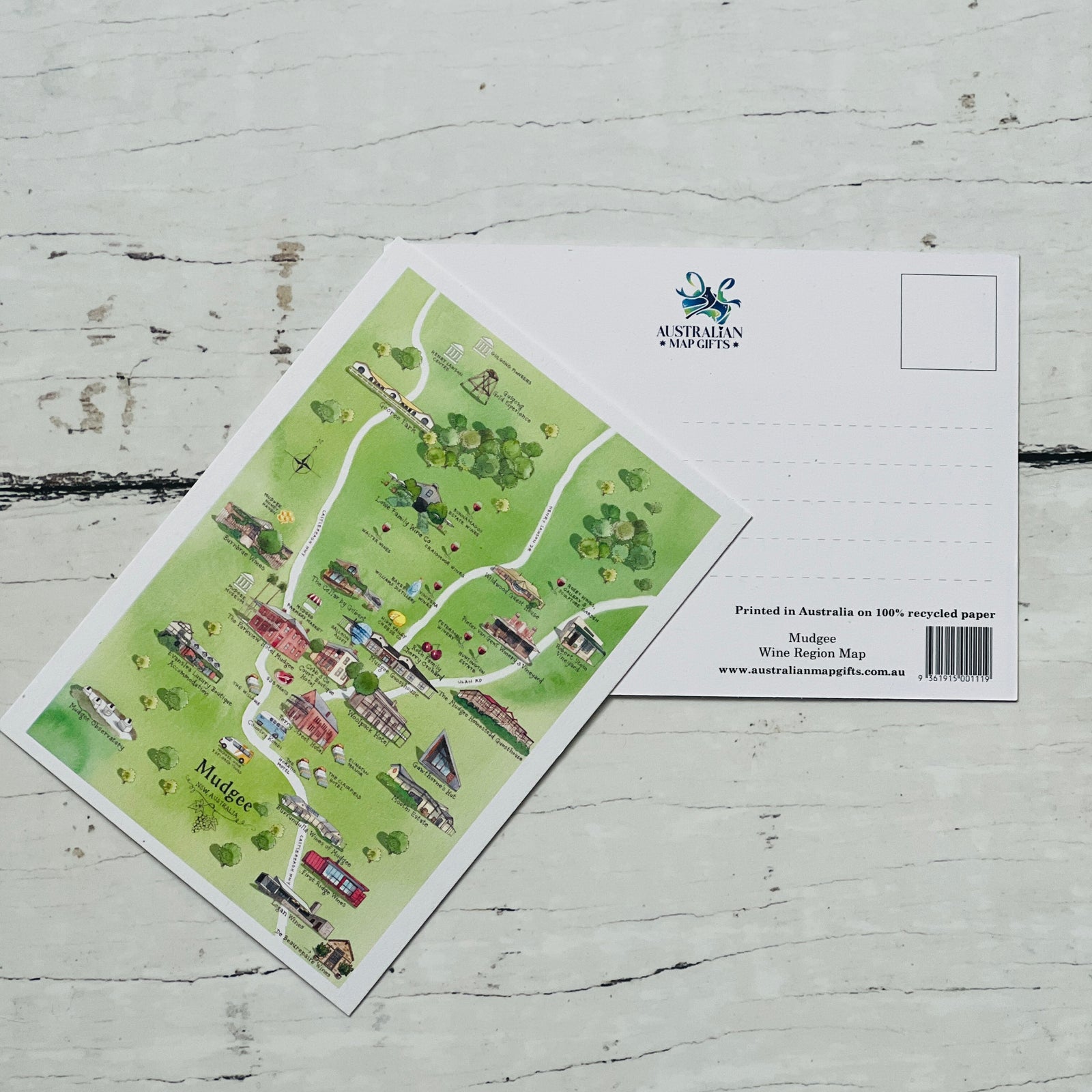 Mudgee NSW wine region map postcard A6-size, printed in Australia on 100% recycled paper