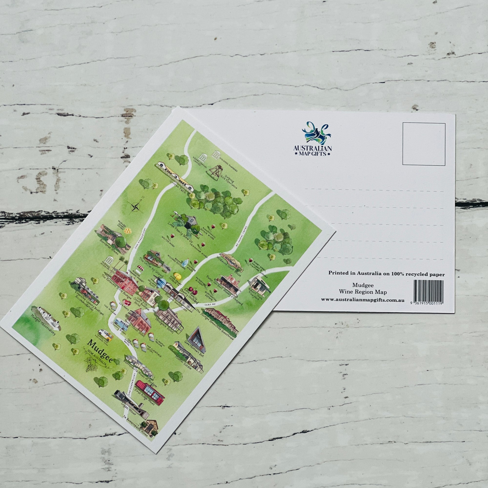 Mudgee NSW wine region map postcard A6-size, printed in Australia on 100% recycled paper