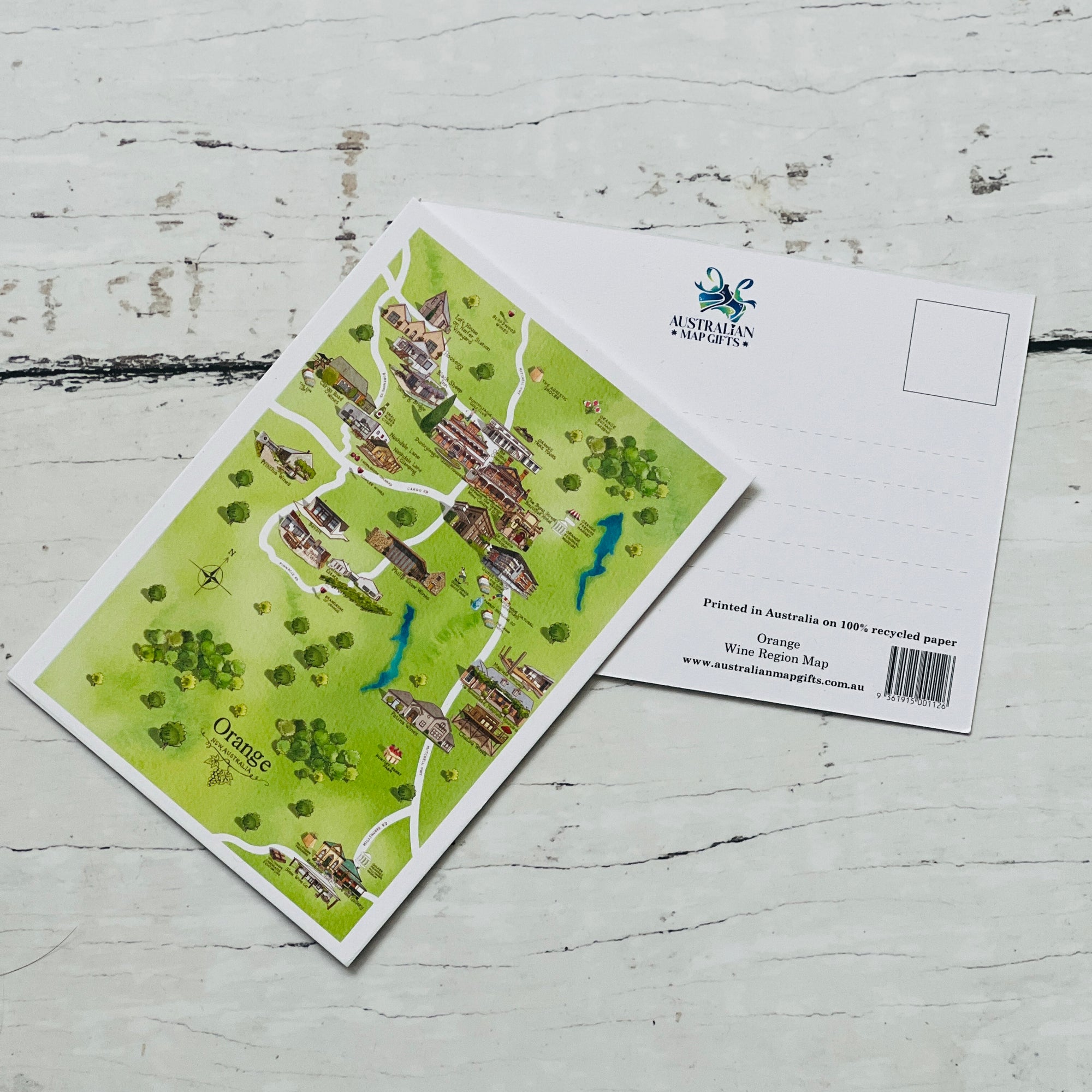 Orange NSW wine region map postcard A6-size, printed in Australia on 100% recycled paper