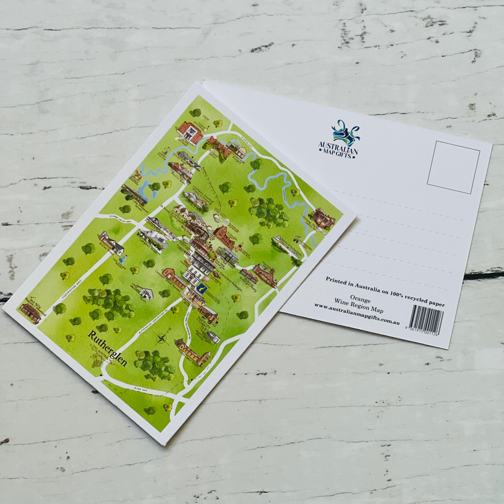 Rutherglen VIC wine region map postcard A6-size, printed in Australia on 100% recycled paper