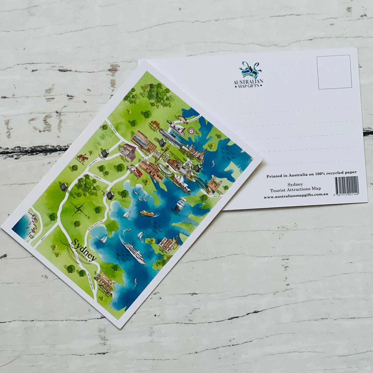 Sydney NSW tourist attrractions map postcard A6-size, printed in Australia on 100% recycled paper