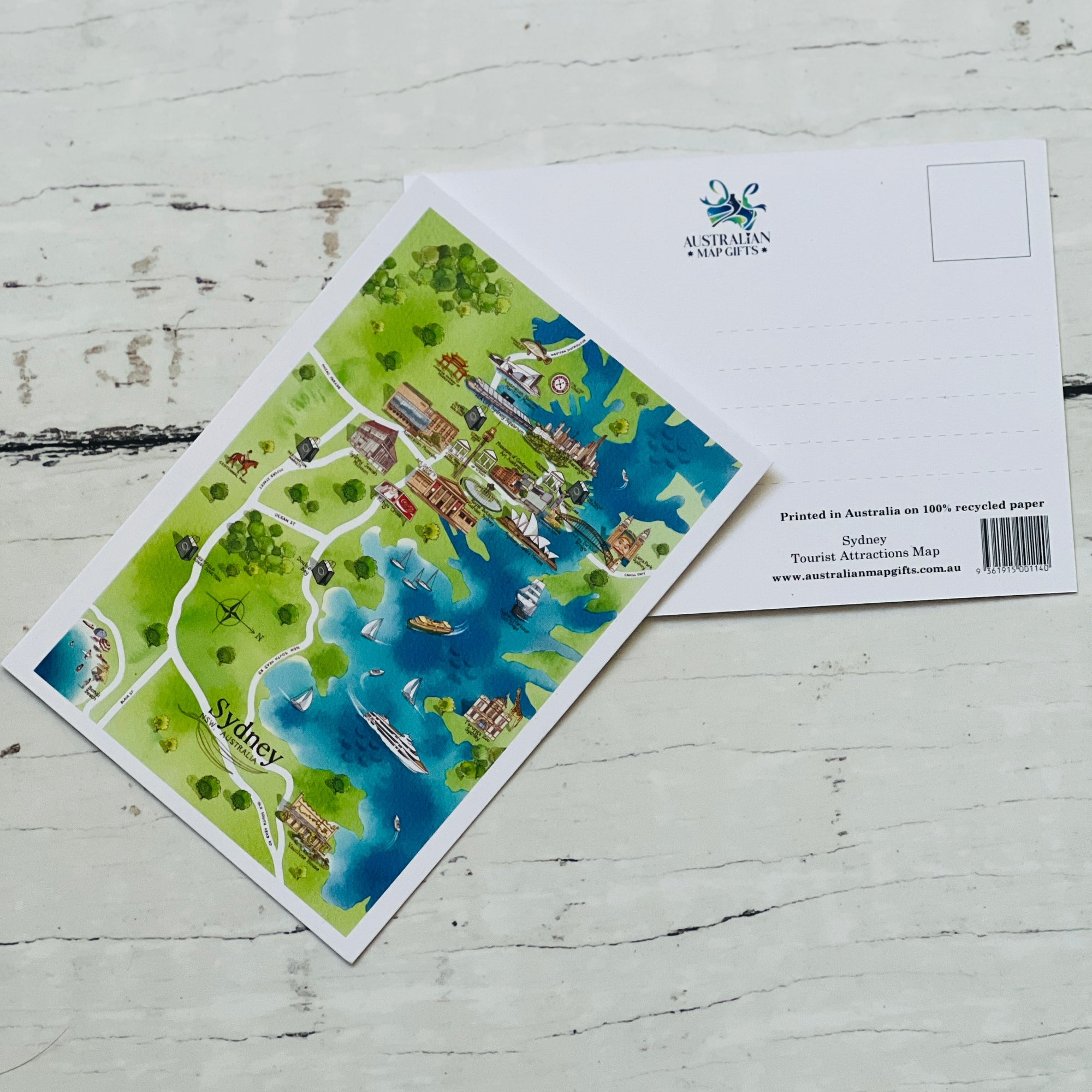 Sydney NSW tourist attrractions map postcard A6-size, printed in Australia on 100% recycled paper