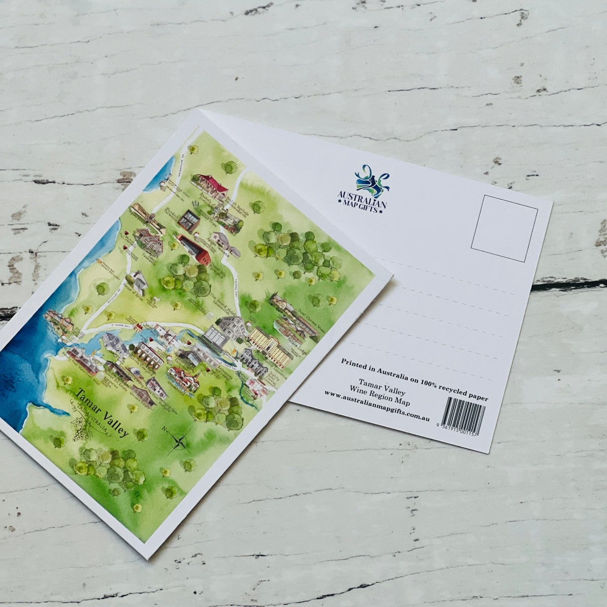 Tamar Valley 2.0 TAS wine region map postcard A6-size, printed in Australia on 100% recycled paper