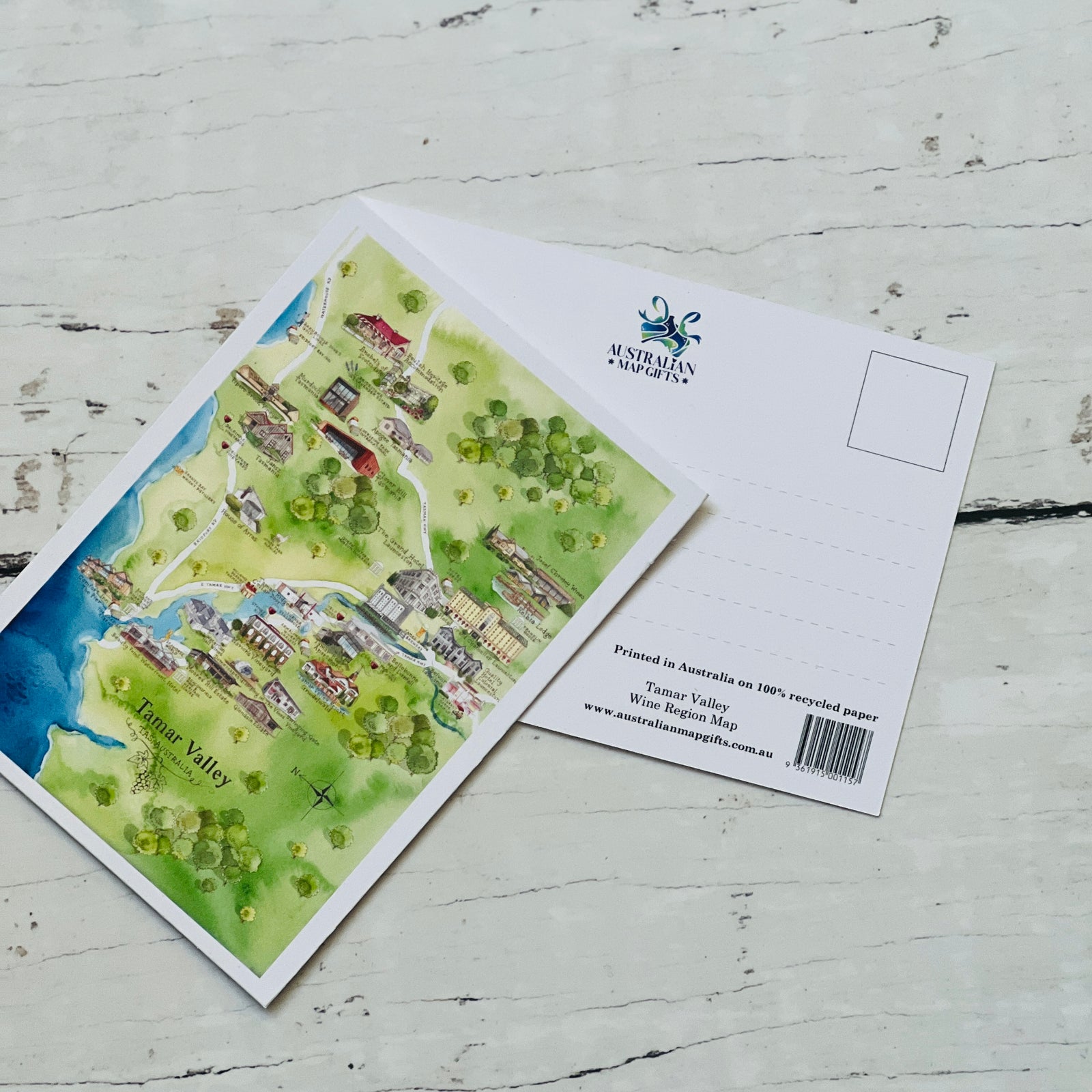 Tamar Valley 2.0 TAS wine region map postcard A6-size, printed in Australia on 100% recycled paper