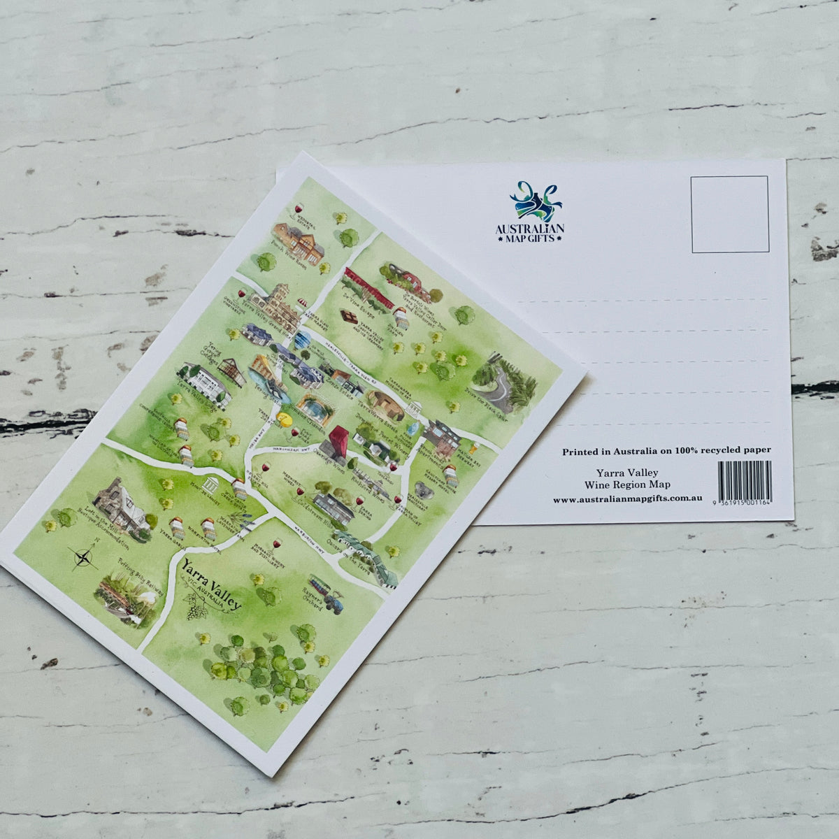 Yarra Valley VIC wine region map postcard A6-size, printed in Australia on 100% recycled paper