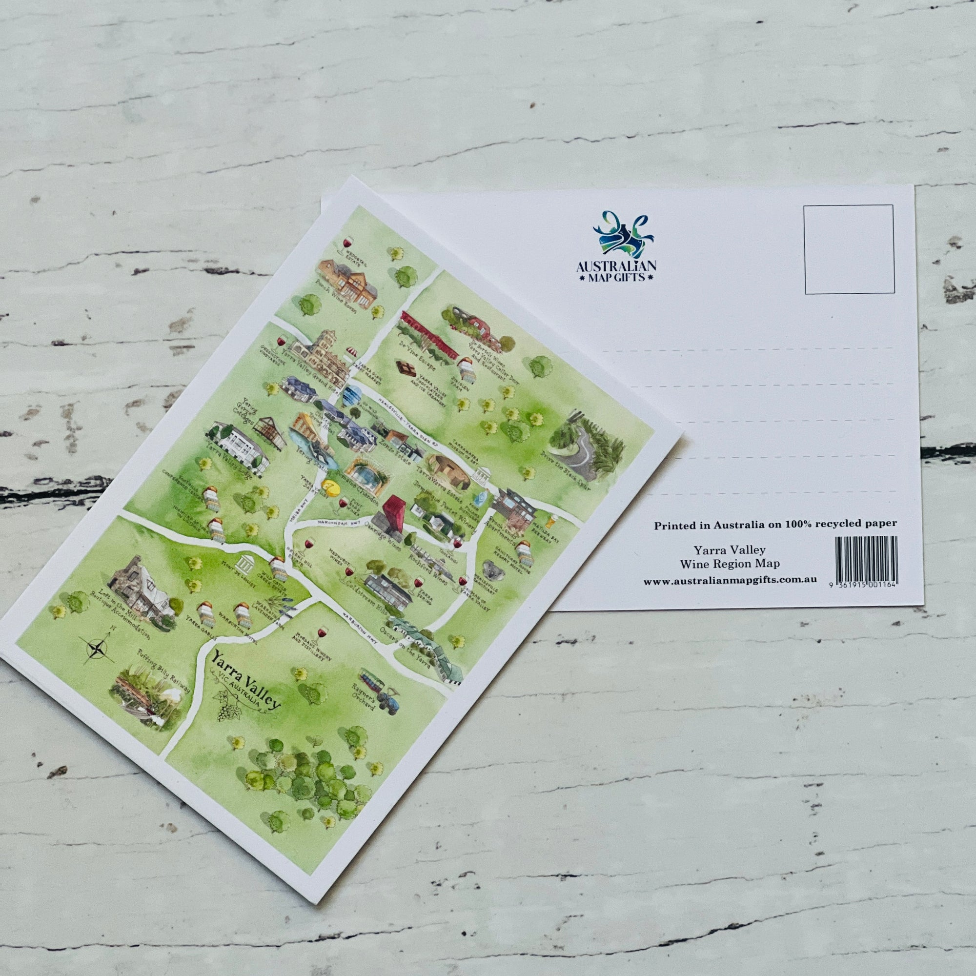 Yarra Valley VIC wine region map postcard A6-size, printed in Australia on 100% recycled paper