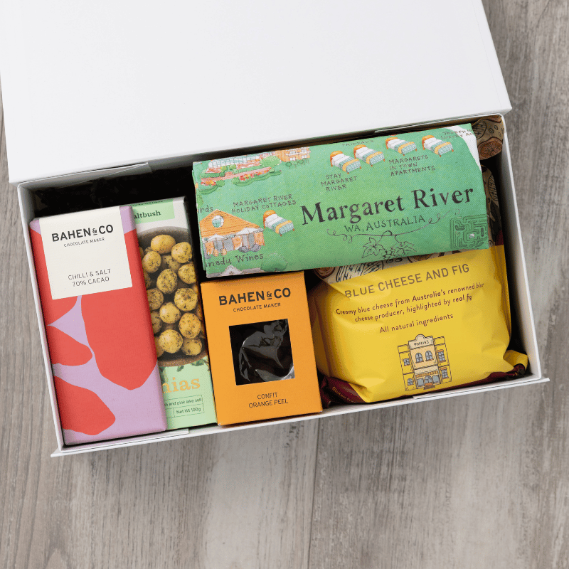 Gourmet popcorn, artisanal chocolate, hand-roasted macadamias, plus a watercolour-illustrated map cotton tea towel of the Margaret River and matching greeting card in a gift hamper with free delivery