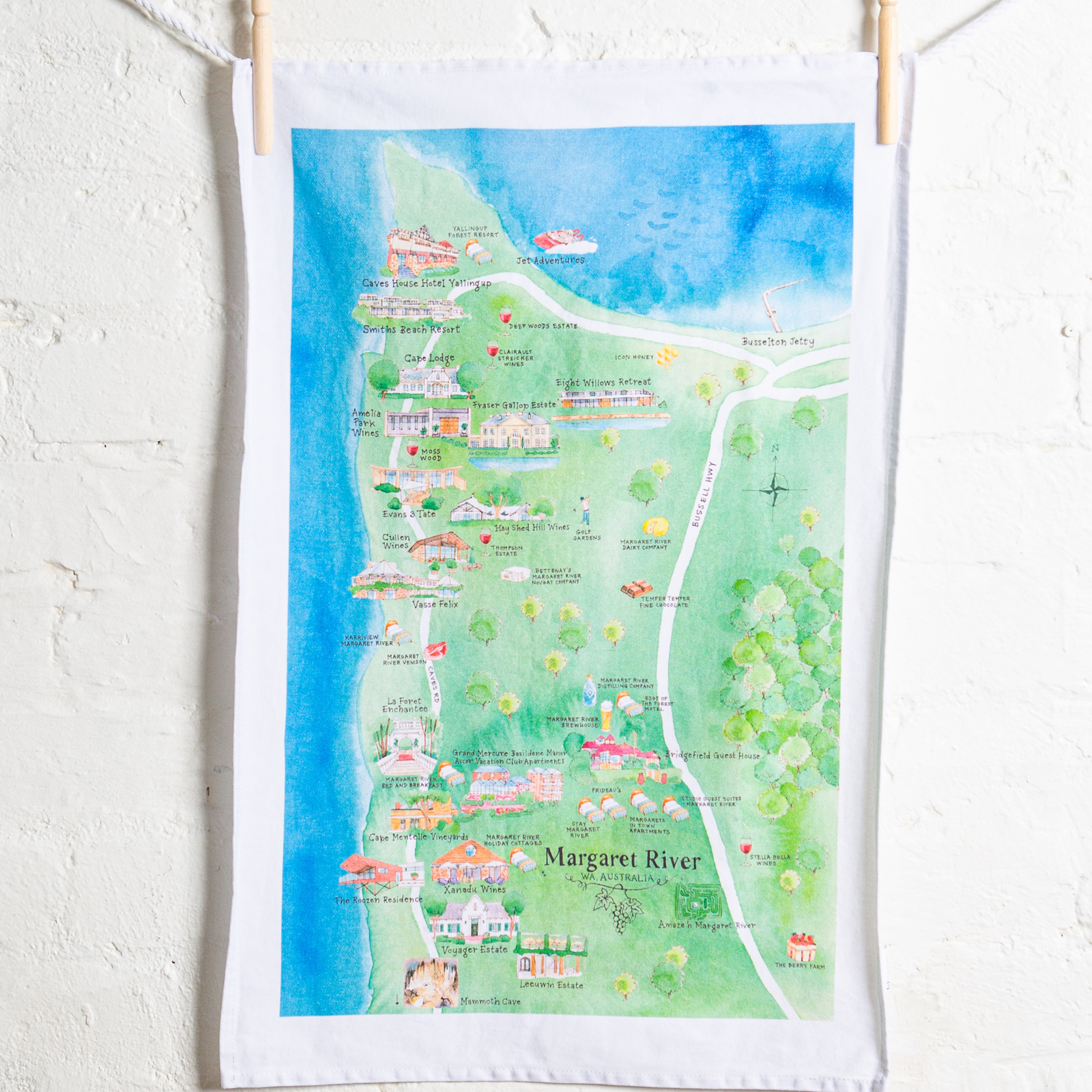 Margaret River wine region map cotton tea towel on wall