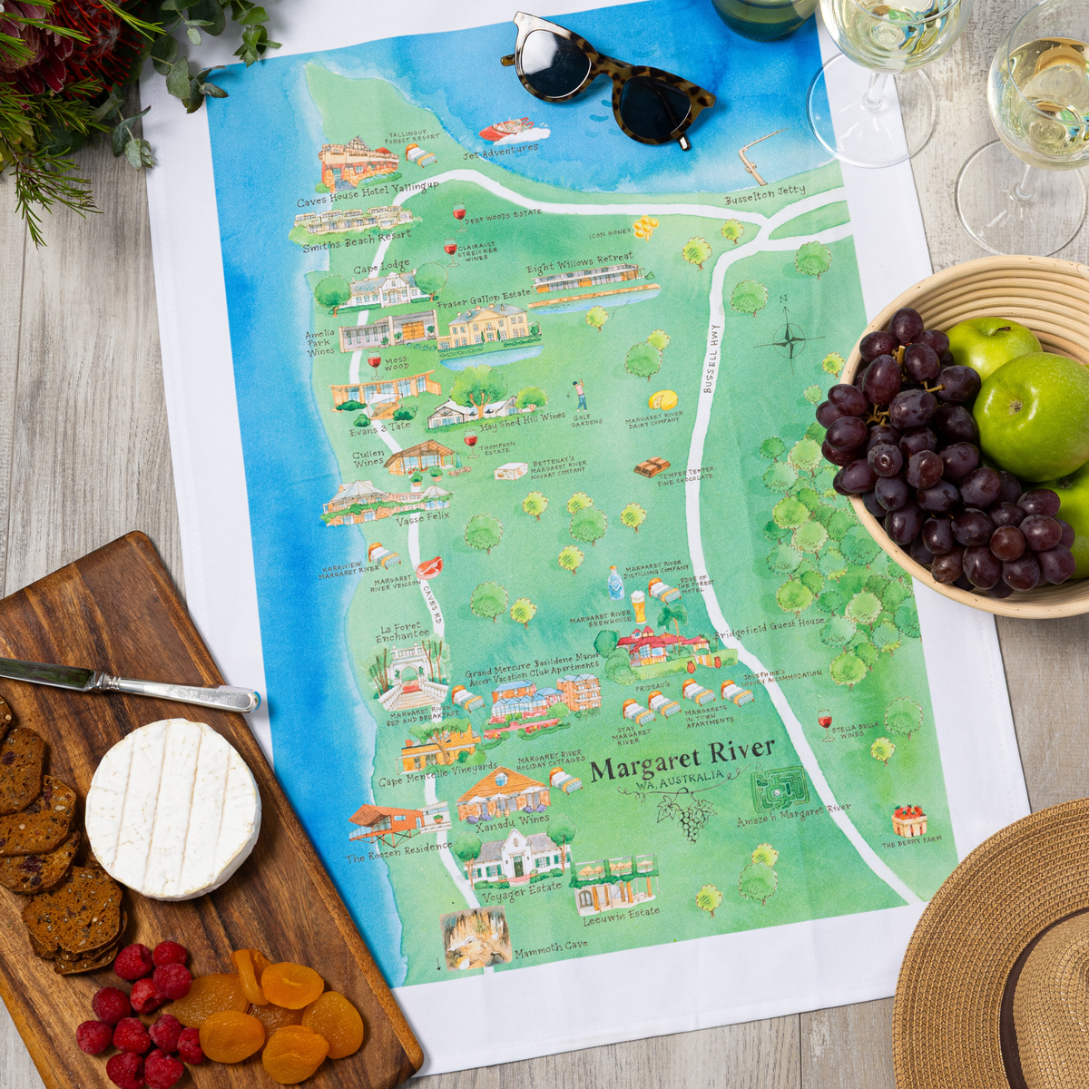 Margaret River wine region map cotton tea towel styled