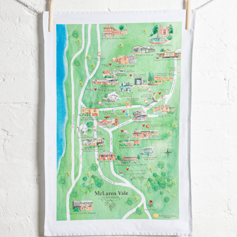 McLaren Vale wine region map tea towel hanging on wall