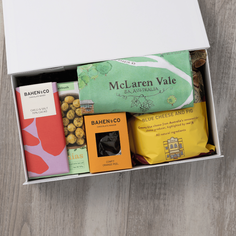 Gourmet popcorn, artisanal chocolate, hand-roasted macadamias, plus a watercolour-illustrated map cotton tea towel of McLaren Vale and matching greeting card in a gift hamper with free delivery