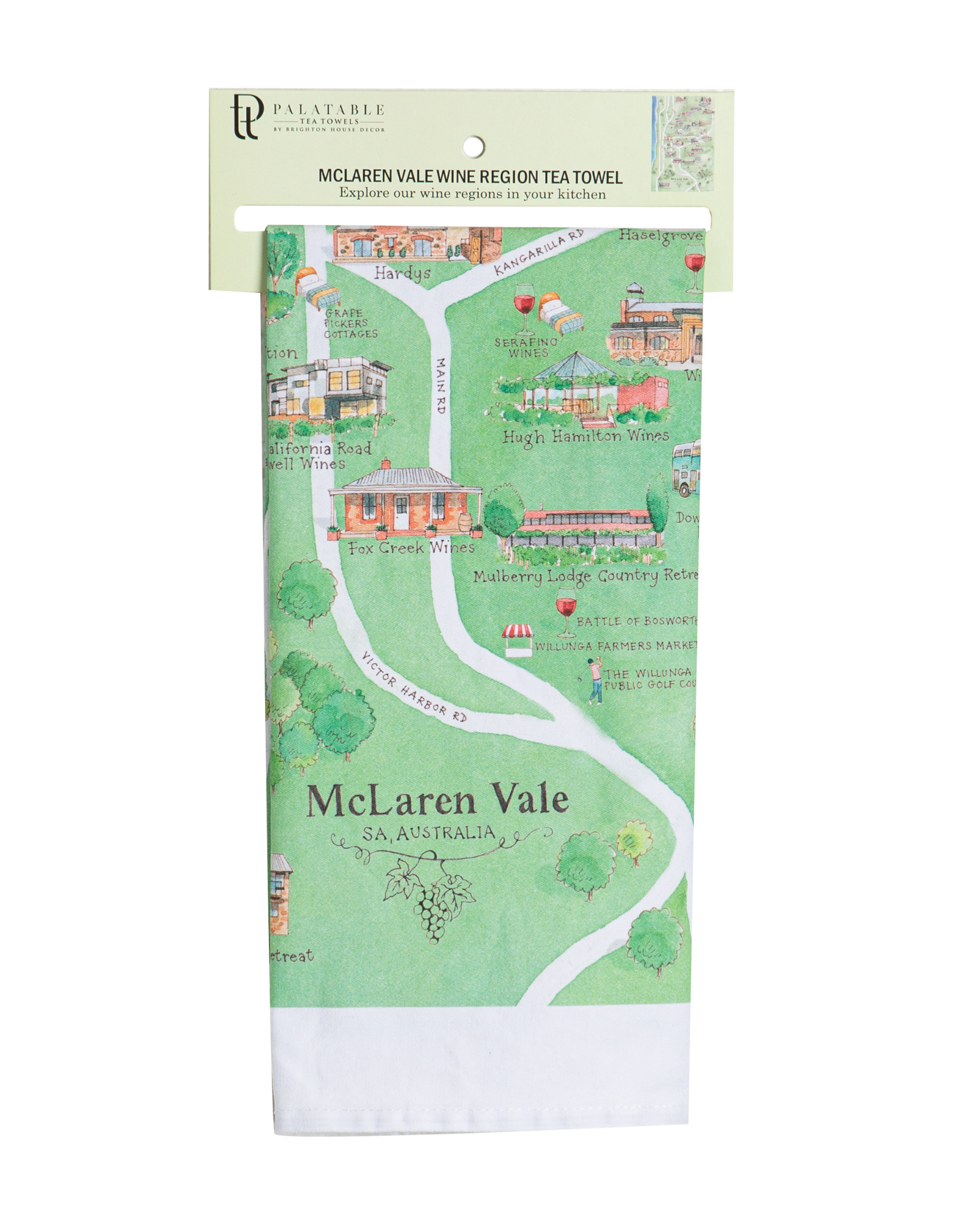 McLaren Vale wine region tea towel with header tag