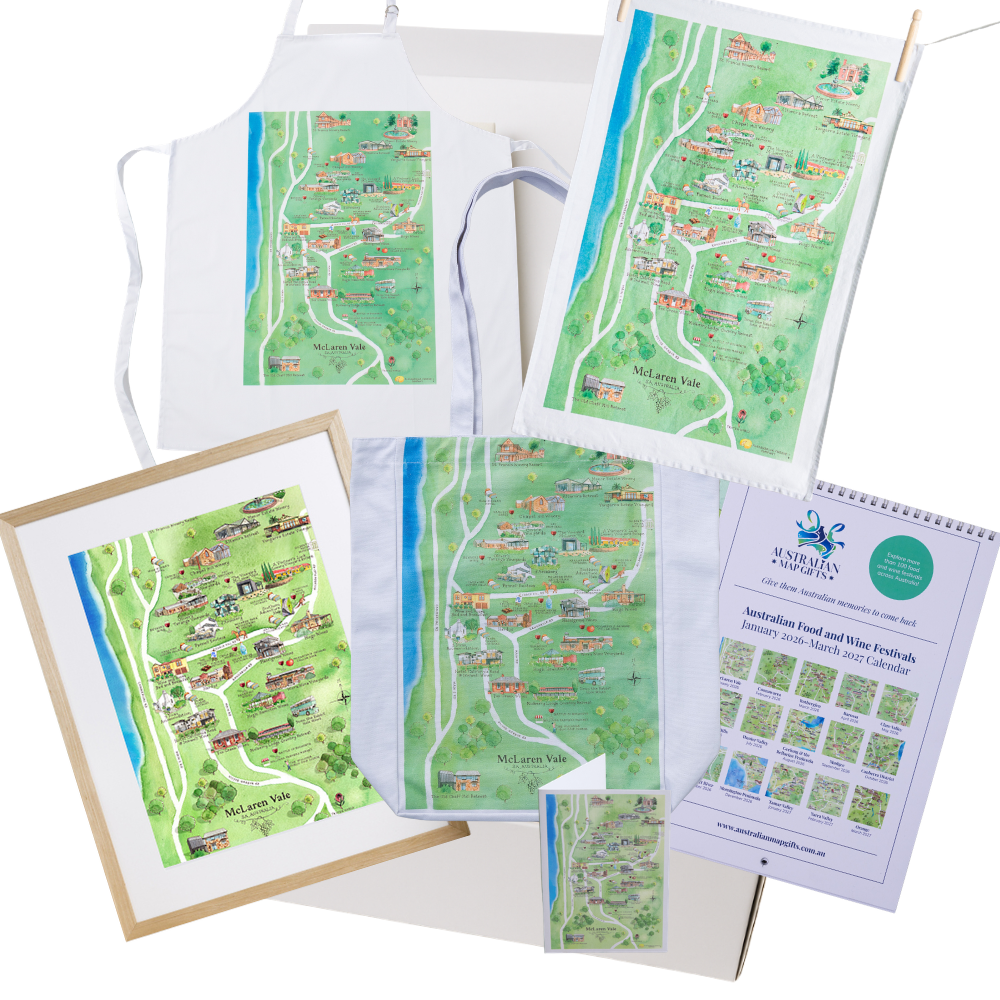 McLaren Vale wine region map gift hamper box containing apron, tea towel, tote bag, A4 print, greeing card and calendar