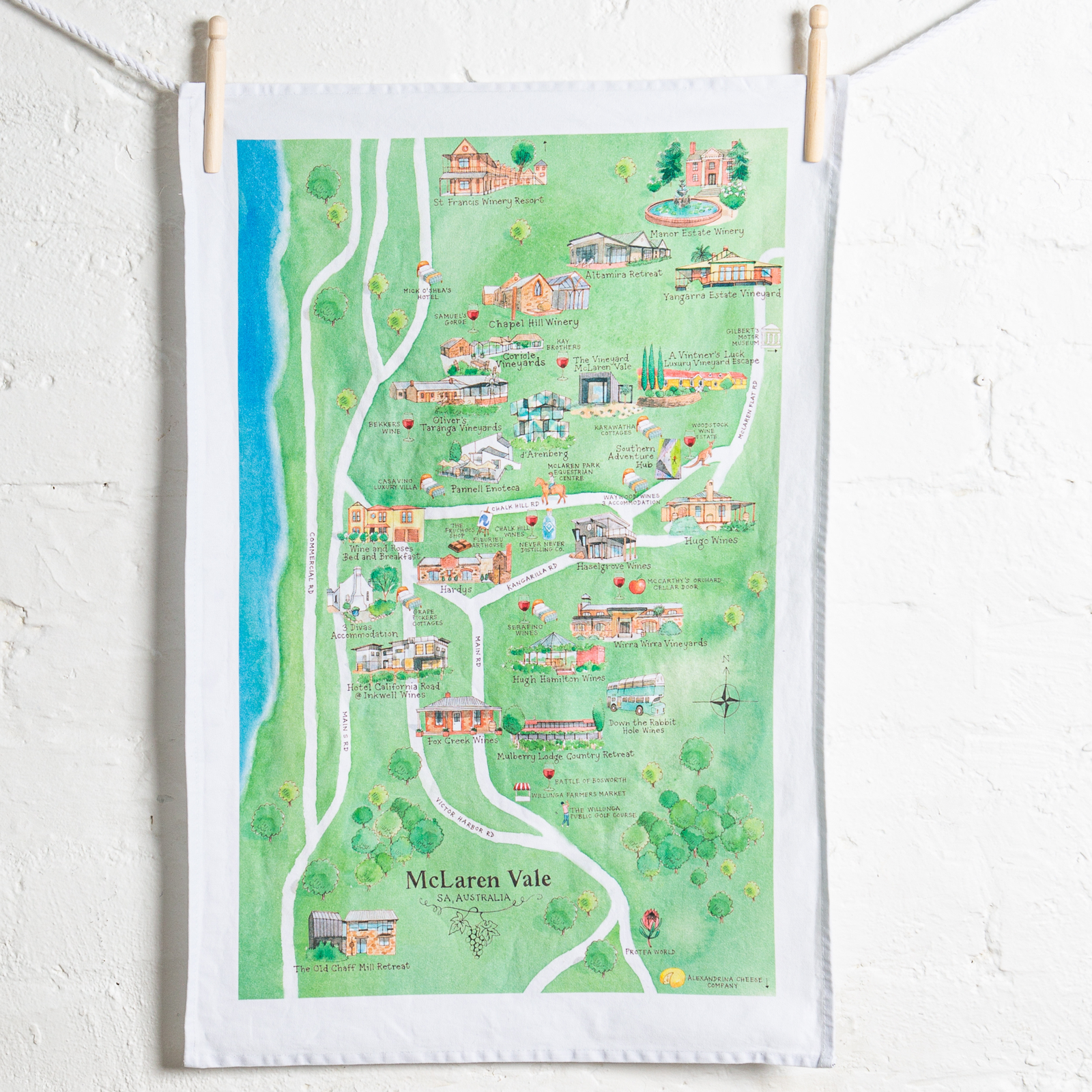 McLaren Vale wine region map cotton tea towel on wall