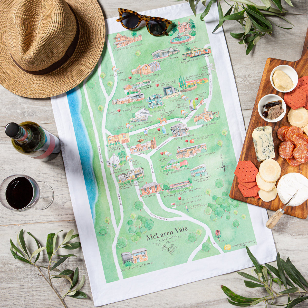 McLaren Vale wine region map cotton tea towel styled on counter