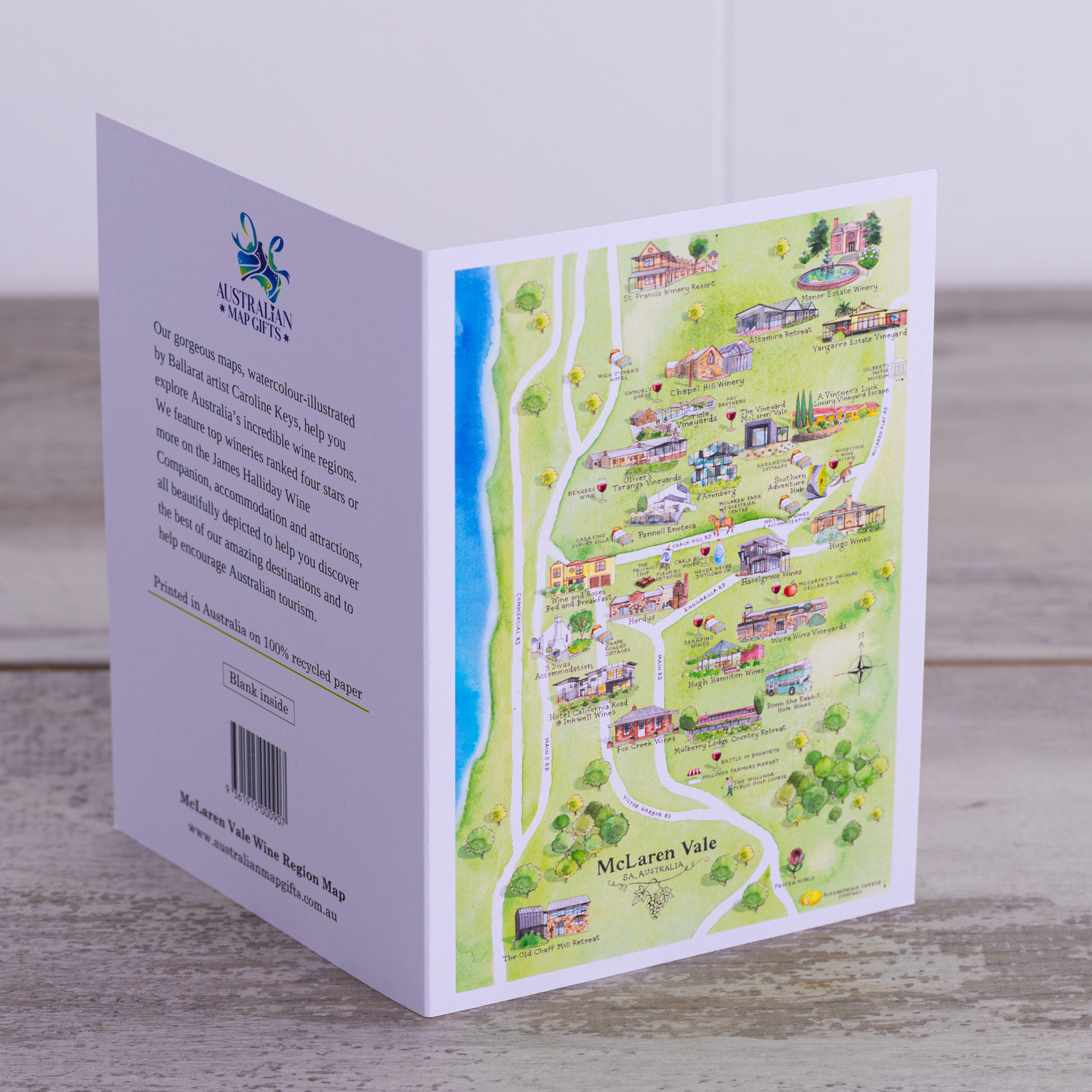 McLaren Vale wine region map greeting card front and back cover